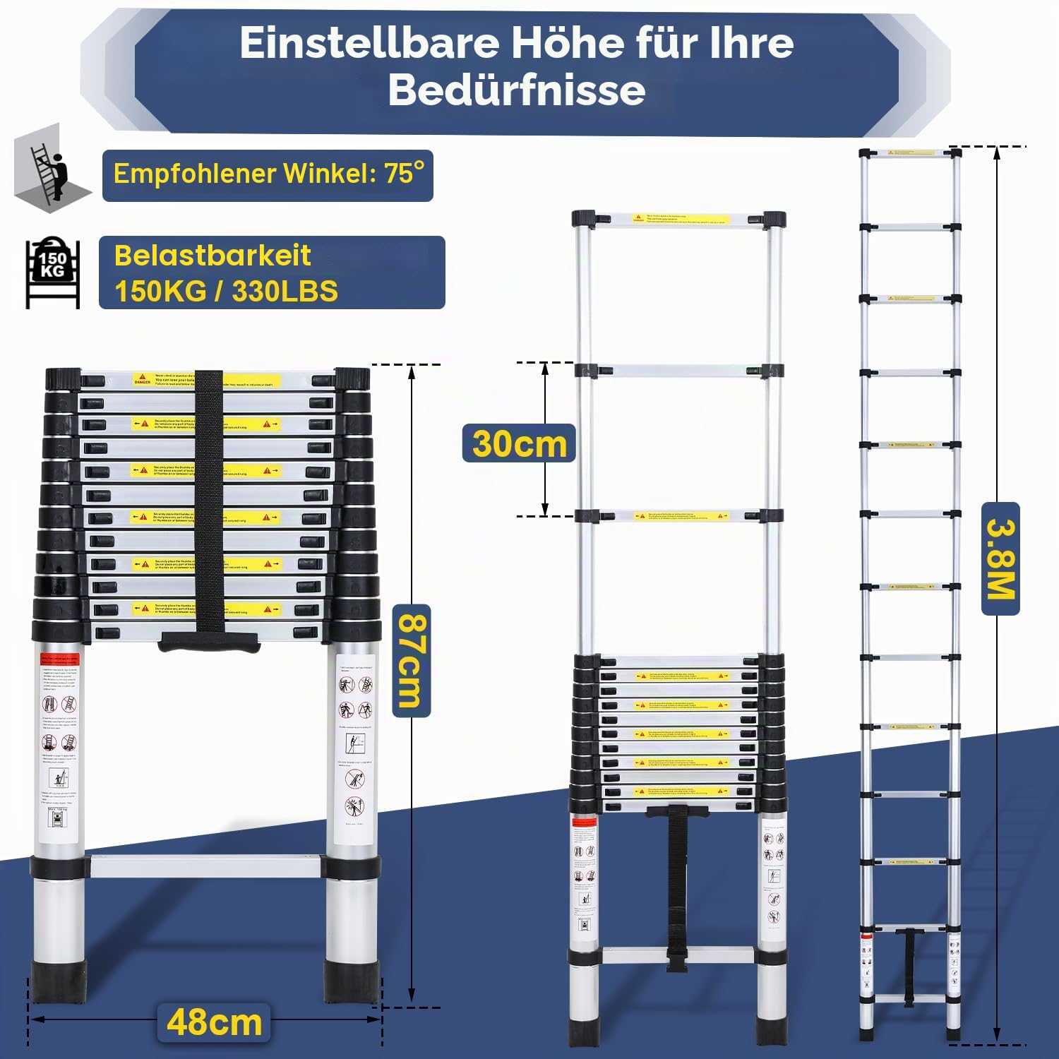 Aluminium Teleskopleiter,3.8M Multifunktionsleiter Ausziehbare Teleskopleiter,Rutschfester Mehrzweckleiter Leicht zu Tragen Belastbarkeit bis zu 150kg
