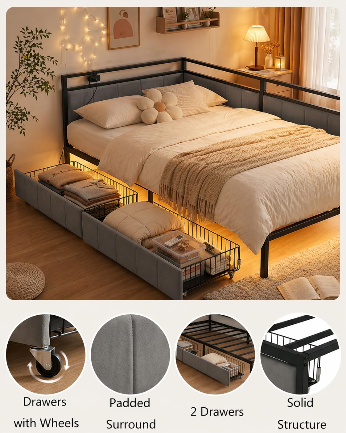 Łóżko młodzieżowe 90 x 200 cm, sofa do spania ze schowkiem, łóżko tapicerowane z tapicerowanym zagłówkiem, metalowa rama łóżka, czarno-jasnoszary, aksamit