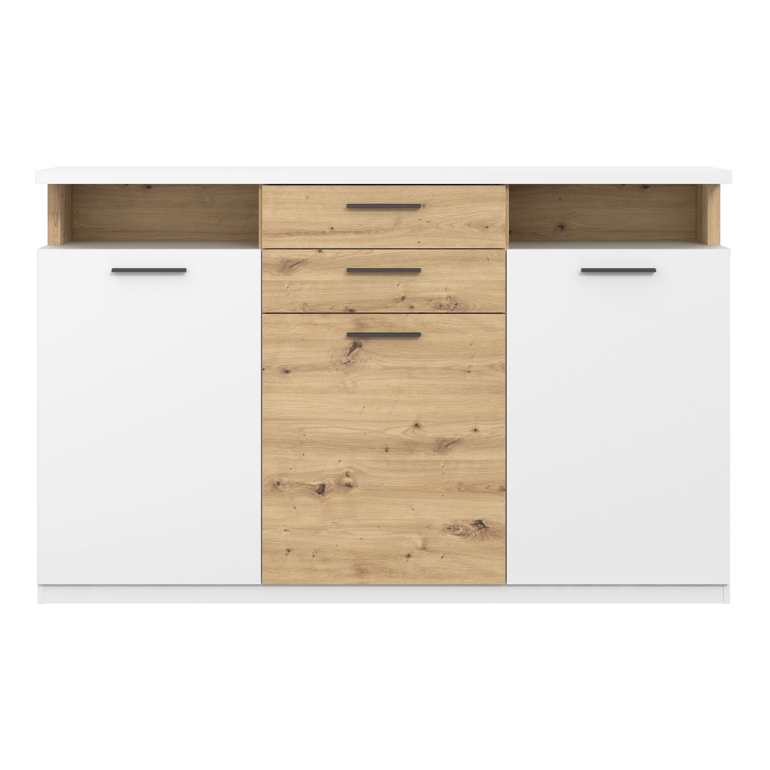 Forte WOY Sideboard 170, modernes Sideboard mit Ablage-Aufsatz, 3-türig, 2 Schubladen, Wohnzimmer, Flur, Holzwerkstoff, Weiß mit Artisaneiche Holzdekor, 169,6 cm breit x 106,5 cm hoch x 42 cm tief