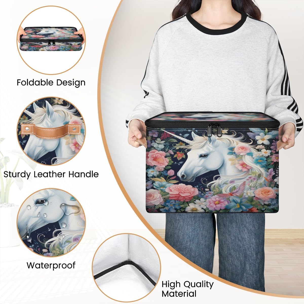 Storage Bin Set of 2 Florals Unicorn Storage Basket with Zipper Lid & Handle Foldable Closet Shelf 2 Pack Cloth Organizer Basket Cube Bins Clothes Organizer for Bedroom, Nursery