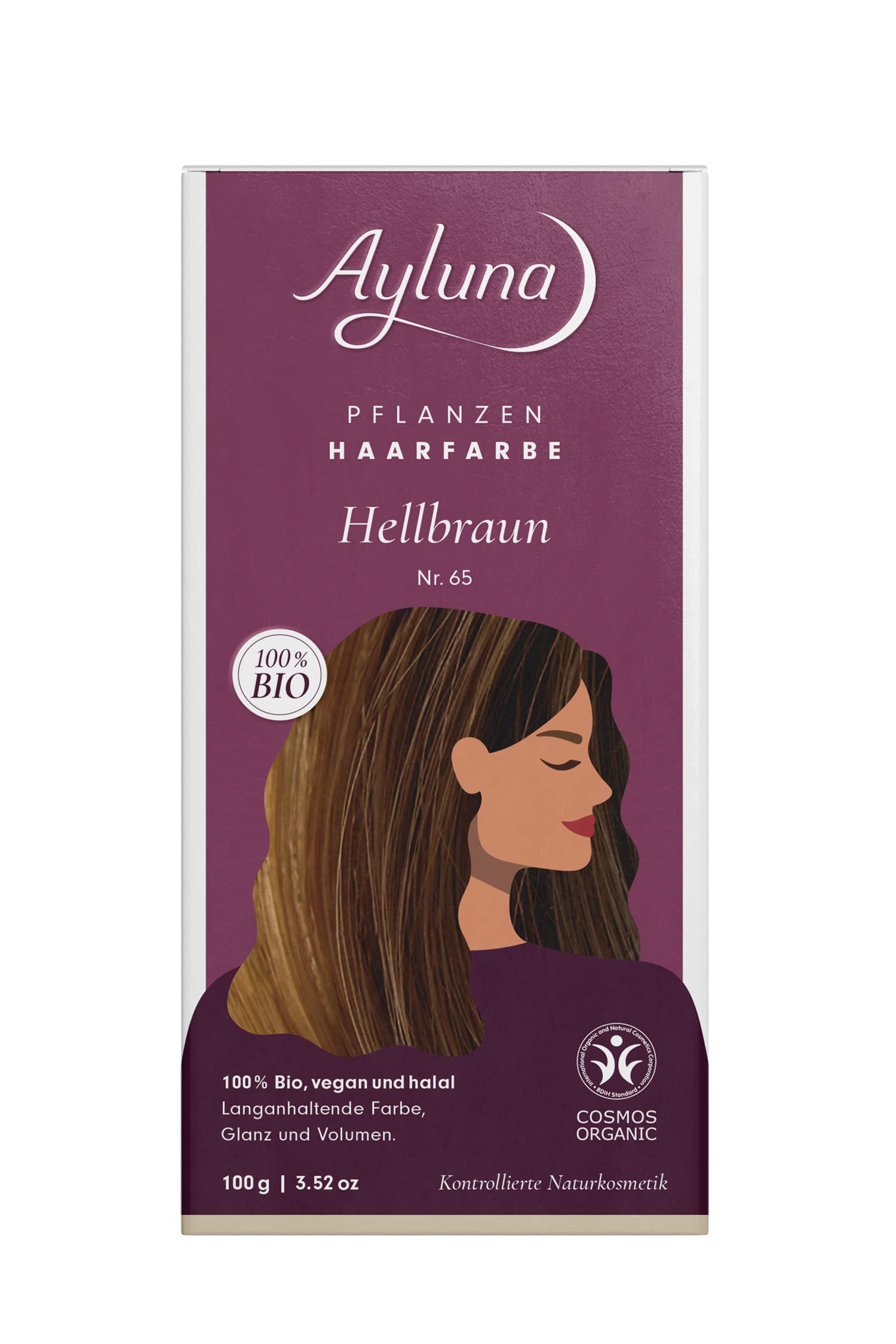 Ayluna Naturkosmetik Pflanzenhaarfarbe Hellbraun Nr. 65, 100 % bio, vegan, halal, 100 g
