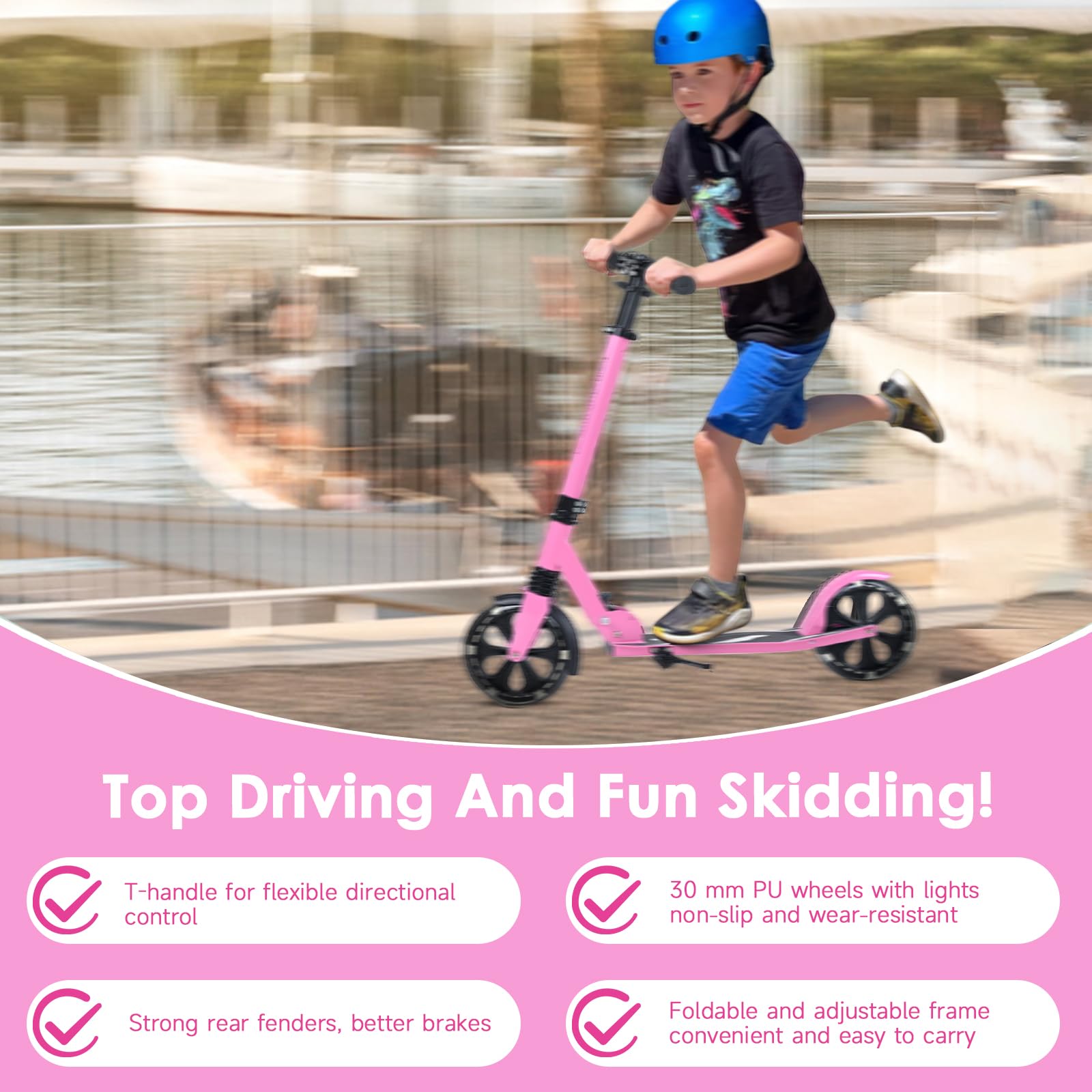 Dskeuzeew Trottinette Pliable Réglable avec Lumière LED, Convient aux Enfants et aux Adultes, Roues de 205 mm en Polyuréthane, Frein Arrière Antidérapant, Peut Supporter 100 kg