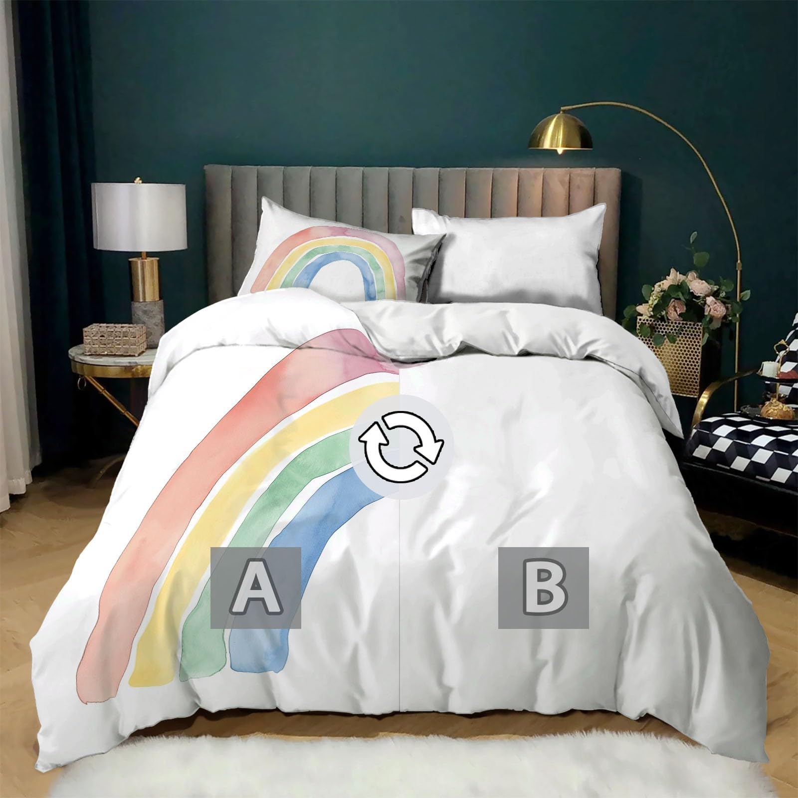 Zestaw poszewek na kołdrę 200 x 200 cm tęczowa akwarela kreskówka zestaw pościeli 2-osobowej i 2 poszewki na poduszki 65x65 cm, 100% komplet pościeli z mikrofibry z zamkiem błyskawicznym, biały