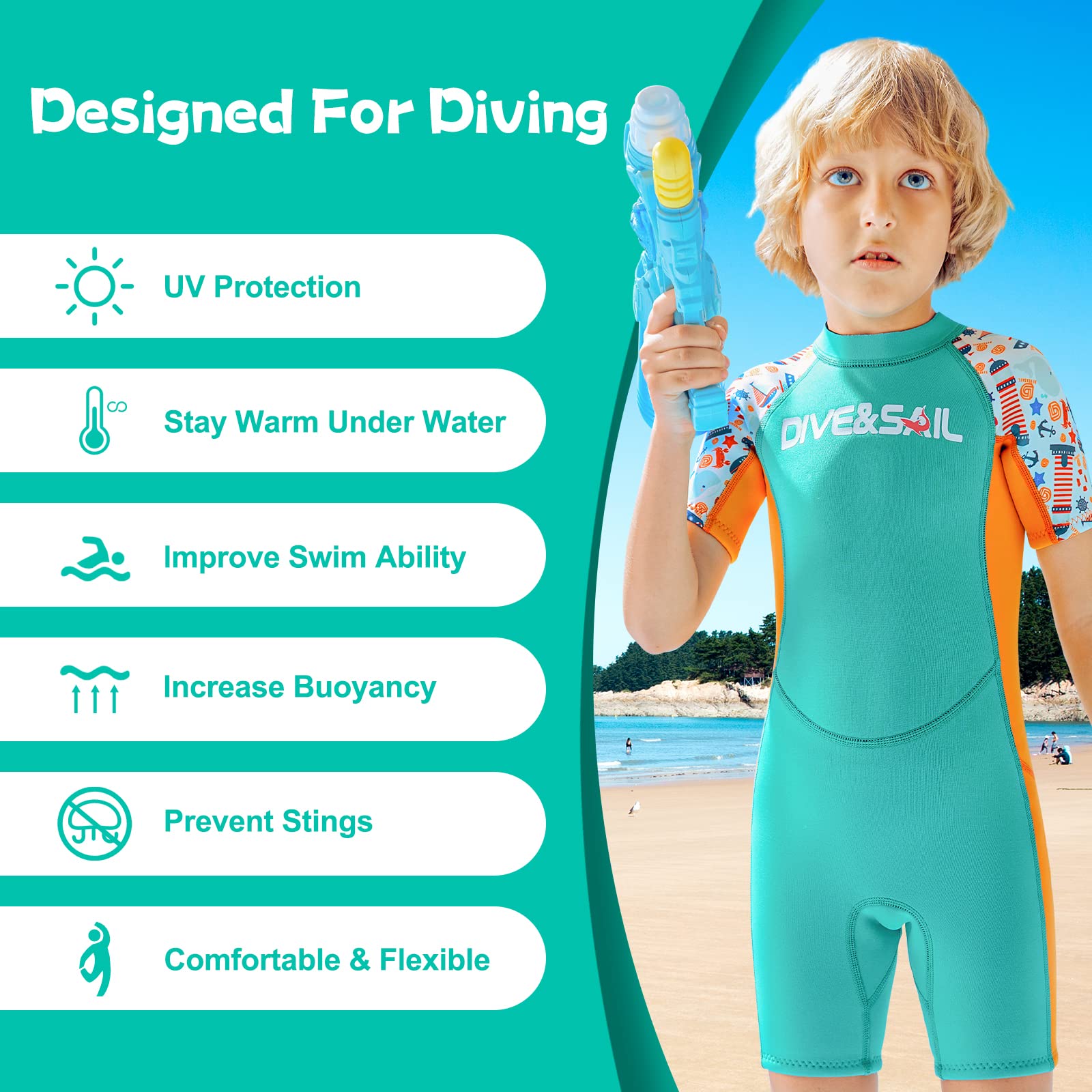 JONRRYIN Traje de Neopreno para Niños Traje de Baño de Buceo Térmico de Neopreno Corto, 2,5mm Una Pieza Trajes de Neopreno para Deportes Acuáticos Surf Natación Buceo (Verde, M)