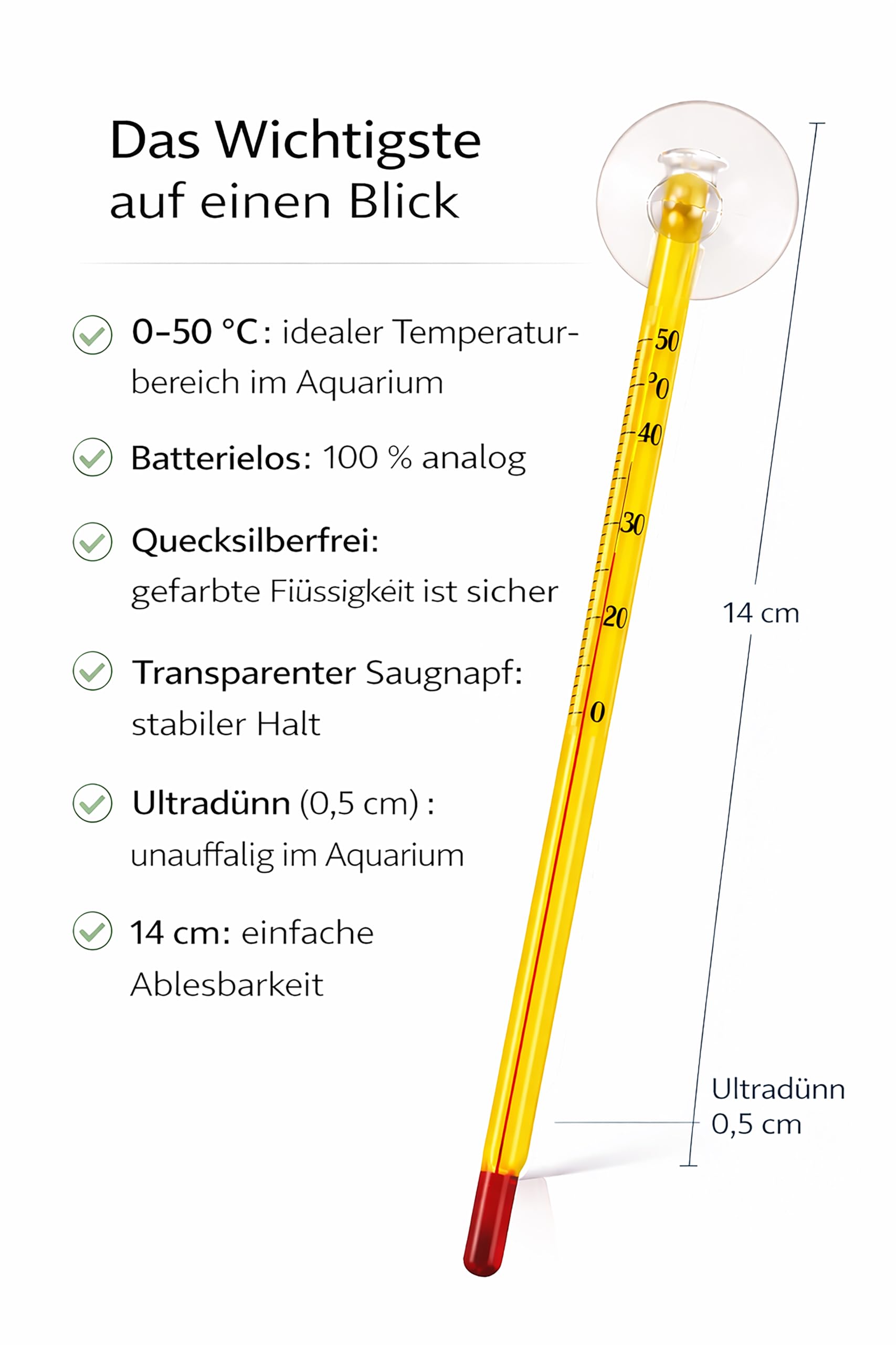 Aquarium Thermometer Analog aus Glas – Innen Thermometer mit Saugnapf – Präzise Wassertemperatur Anzeige 0–50 °C für Aquarium, Garnelen & Fische, Süß- & Meerwasser, Gut Ablesbar, Gelb