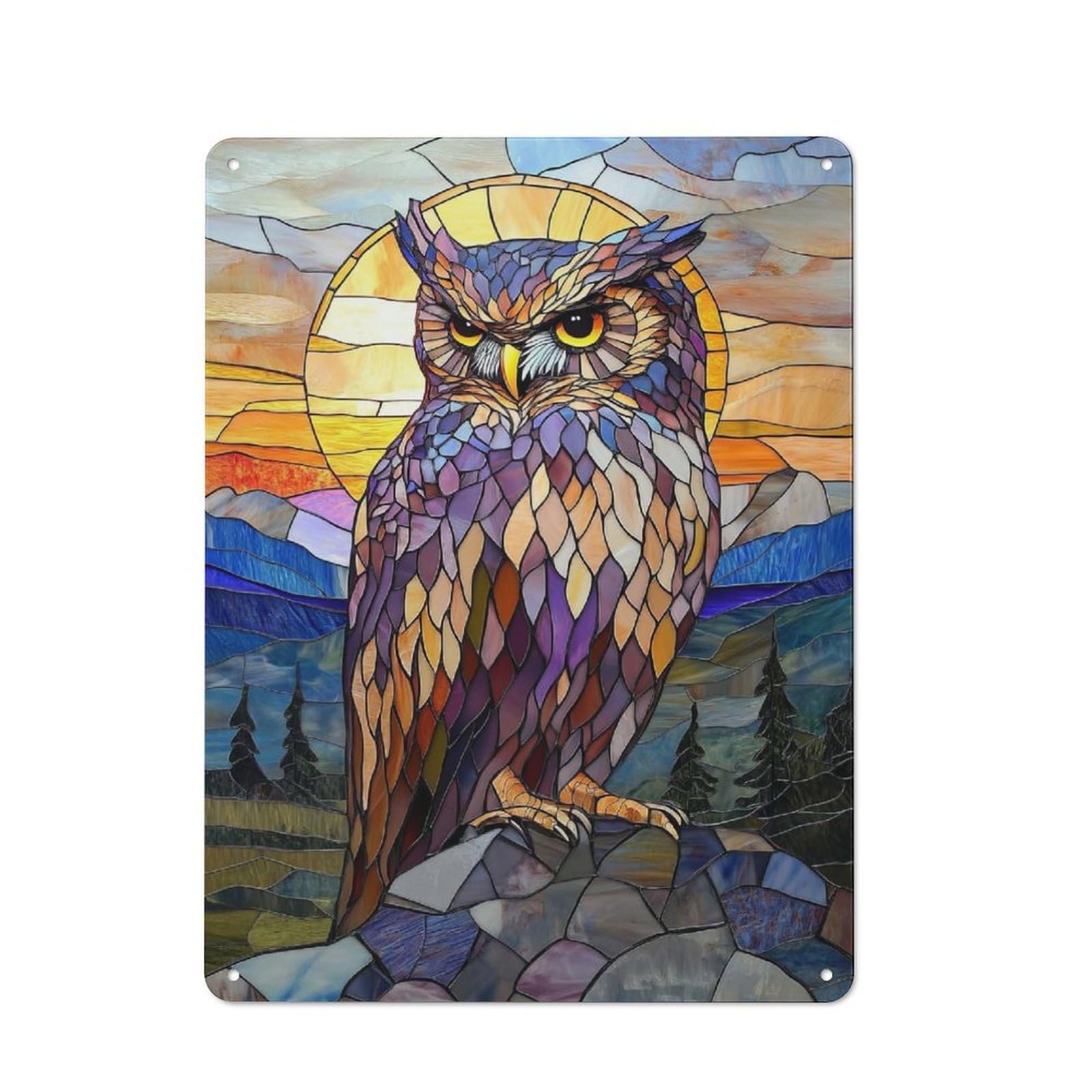 Stained Glass Owl Metal Wall Sign 40x30cm, Clean Industrial Loft Wall Plaque for Workspace, Cafe, Hallway Or Garage