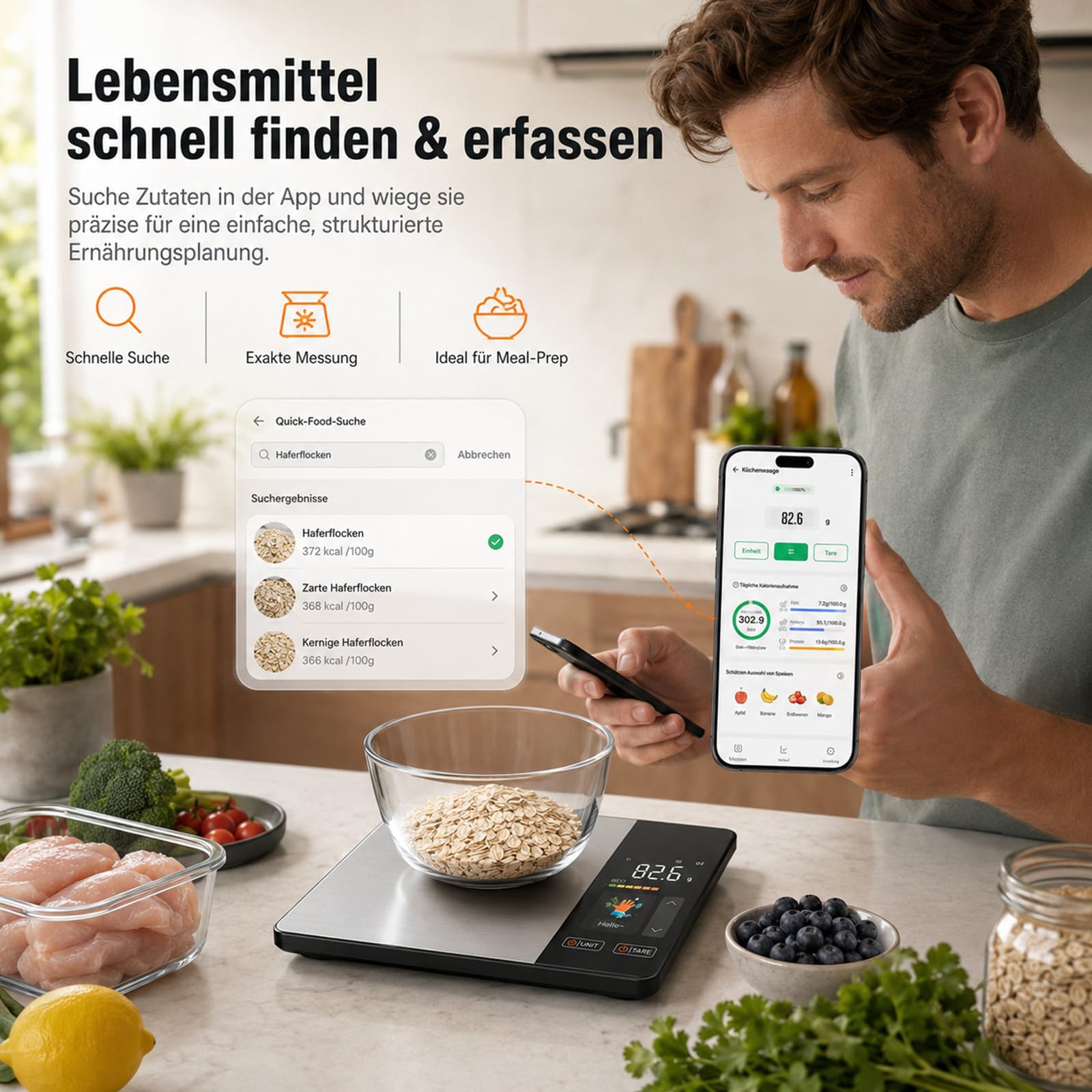 Smart Vita Küchenwaage, Smartvita Küchenwaage Kalorienwaage Hohe Präzision LCD-Display für Kochen Und Backen, Einfach Zu Reinigen Haushalt Und Profi