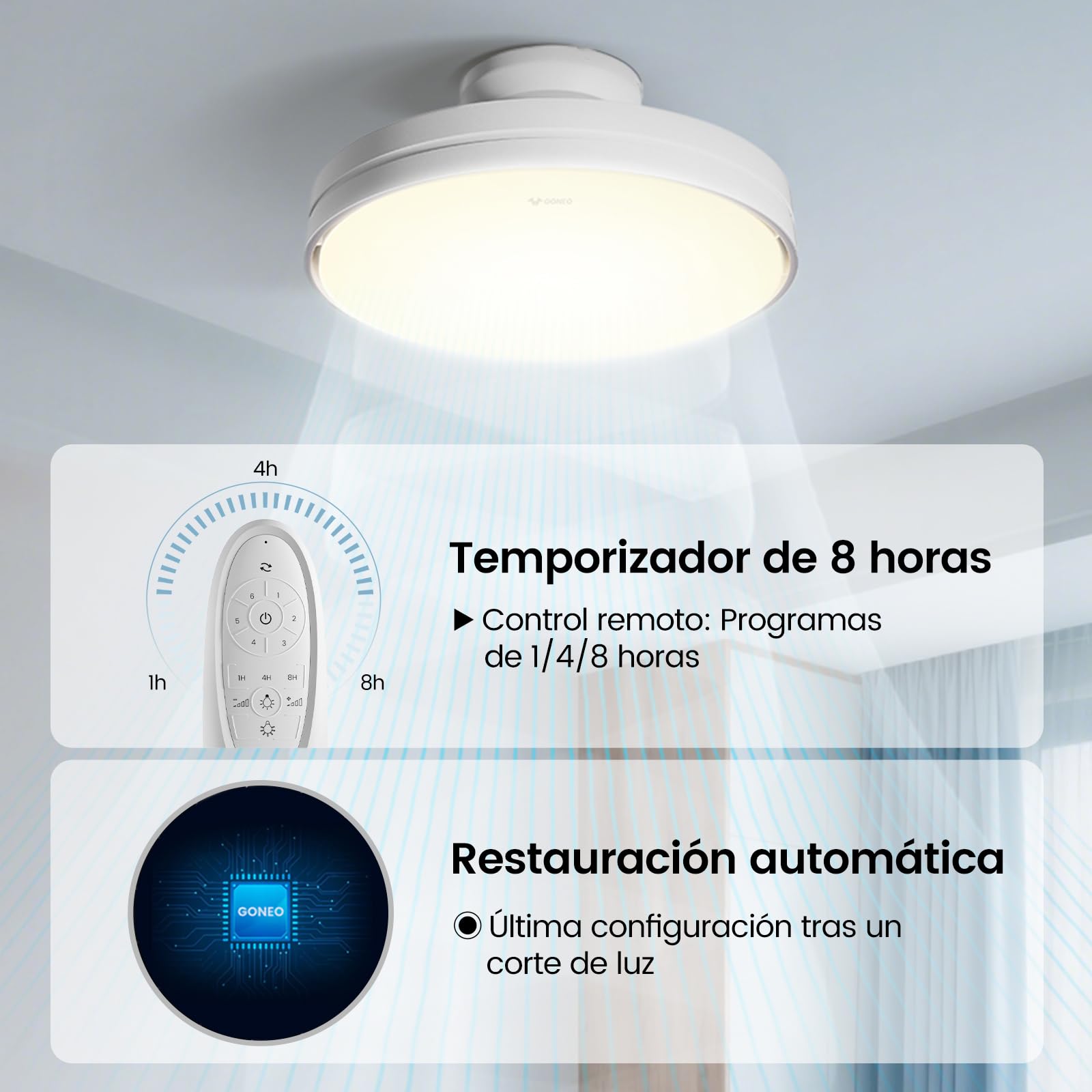 Ventilador de techo con luz sin aspas silencioso, lámpara ventilador techo y mando a distancia,6 velocidades y 3 tonos de luz temporizador, memoria, apto para dormitorio y habitación infantil, 60W