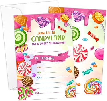 Sweet Candy Birthday Invitation Filler Cards with Envelopes 20 Count,Candyland Party Supplies for Kids, Teens or Any Age Boys and Girls - A22