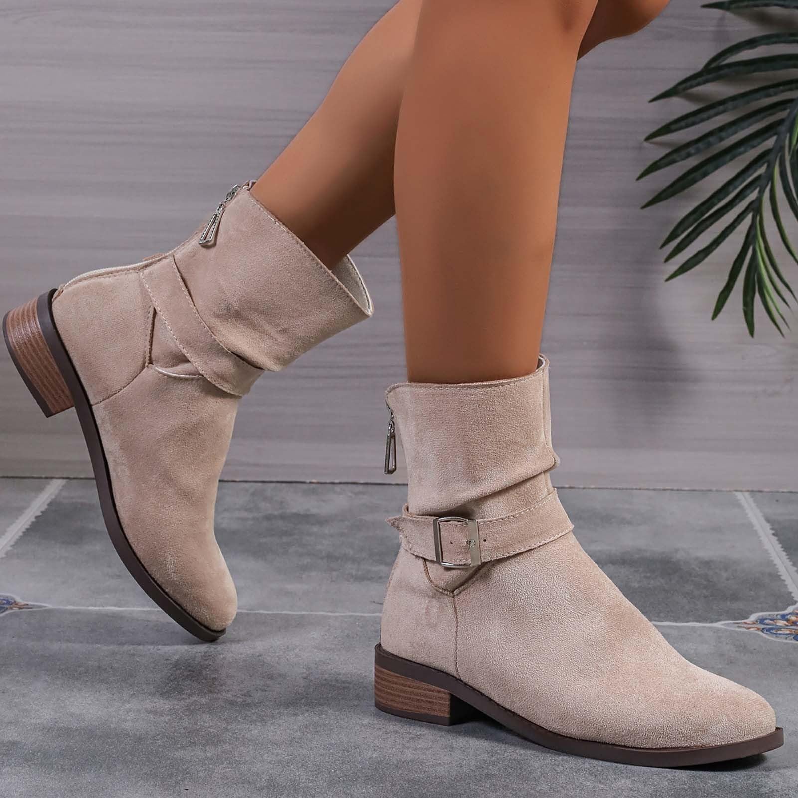 Stivali corti da donna eleganti con tacco corto, in pelle scamosciata, stivaletti da donna Chelsea, comodi stivali western con fibbie, stivali da equitazione retrò a punta