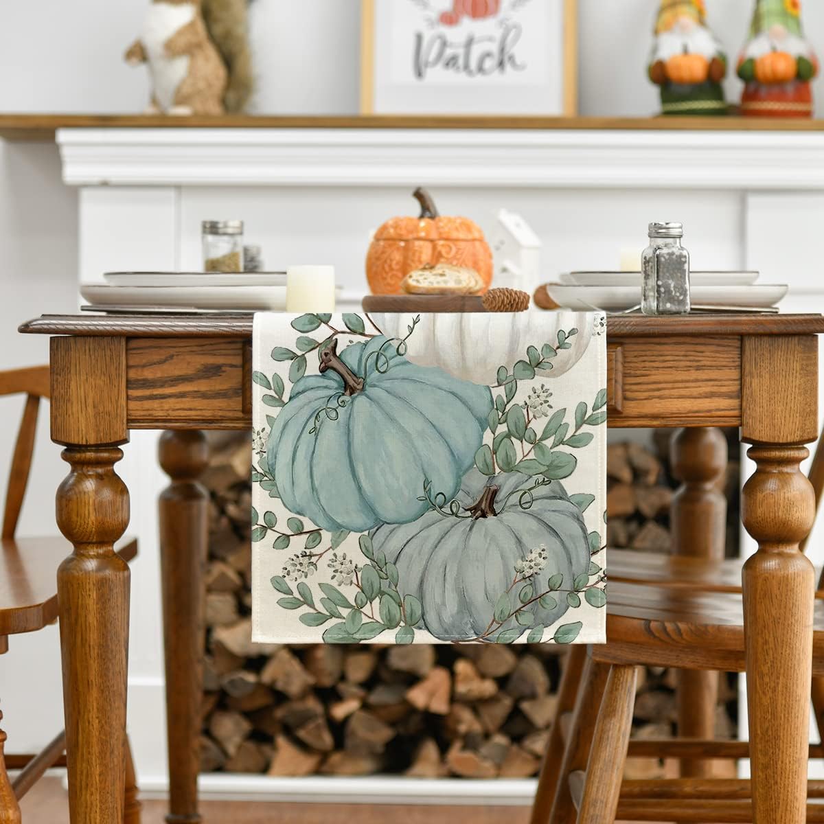 Artoid Mode Hello Pumpkin Eucalyptus Leaves Dish Towels 18x26 Inch 2 pcs and Fall Table Runner 13 x 72 Inch, Seasonal Kitchen Dining Table Decoration for Indoor Outdoor Home Party Decor