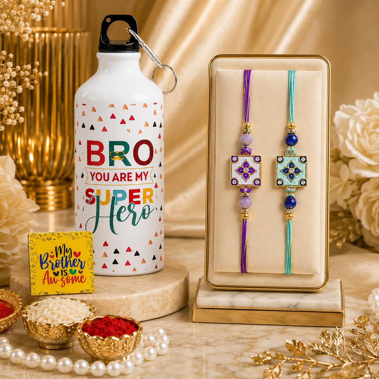 Dreamica Designer Set of 2 Rakhi, 600 ML Best Bro Sipper, Fridge Magnet, Greeting Card and Tilak Set | Best Rakhi Gift for Brother