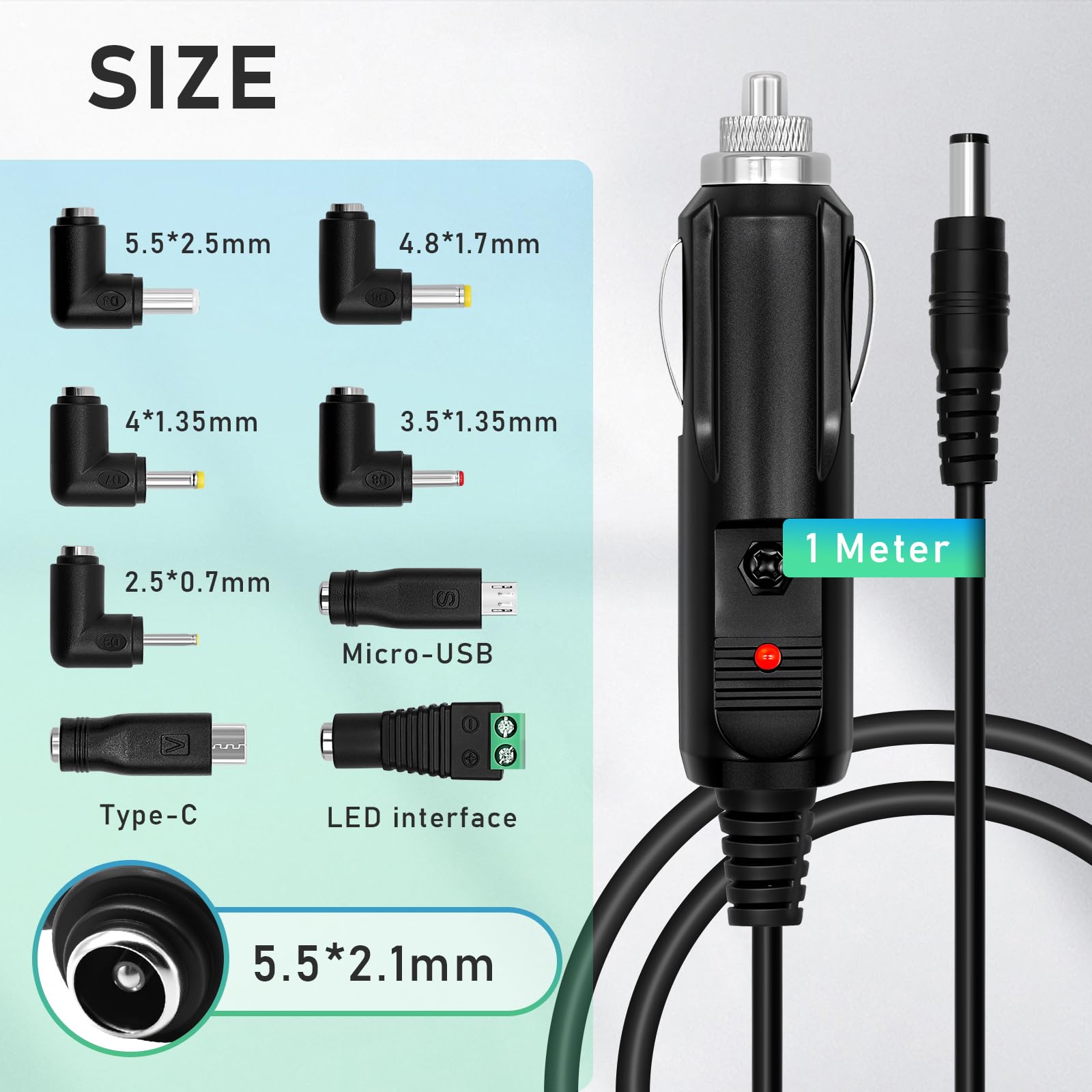 Adattatore universale per auto DC da 12 V, 5 A, 5,5 x 2,5 mm, cavo USB da 1 m, con 8 connettori, adattatore cavo per accendisigari da auto, compatibile con lettore DVD, GPS, tablet