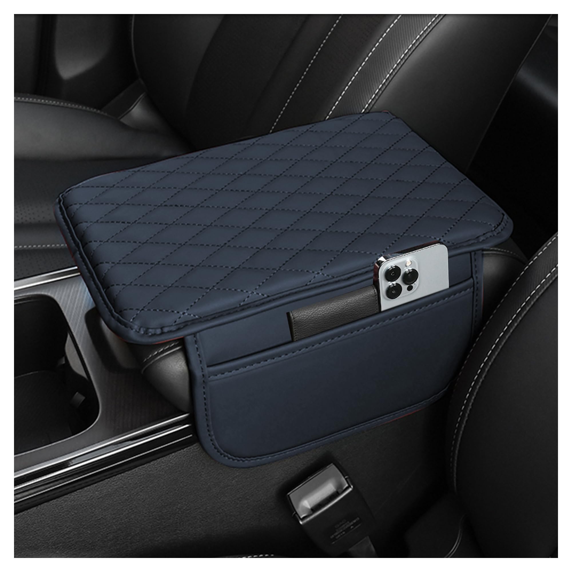 Upgraded Car Center Console Cover,Microfiber Leather Car Armrest Cover Cushion with 2 Storage Bags,Universal Car Armrest Storage Box Interior Accessories for Most Cars (Blue)