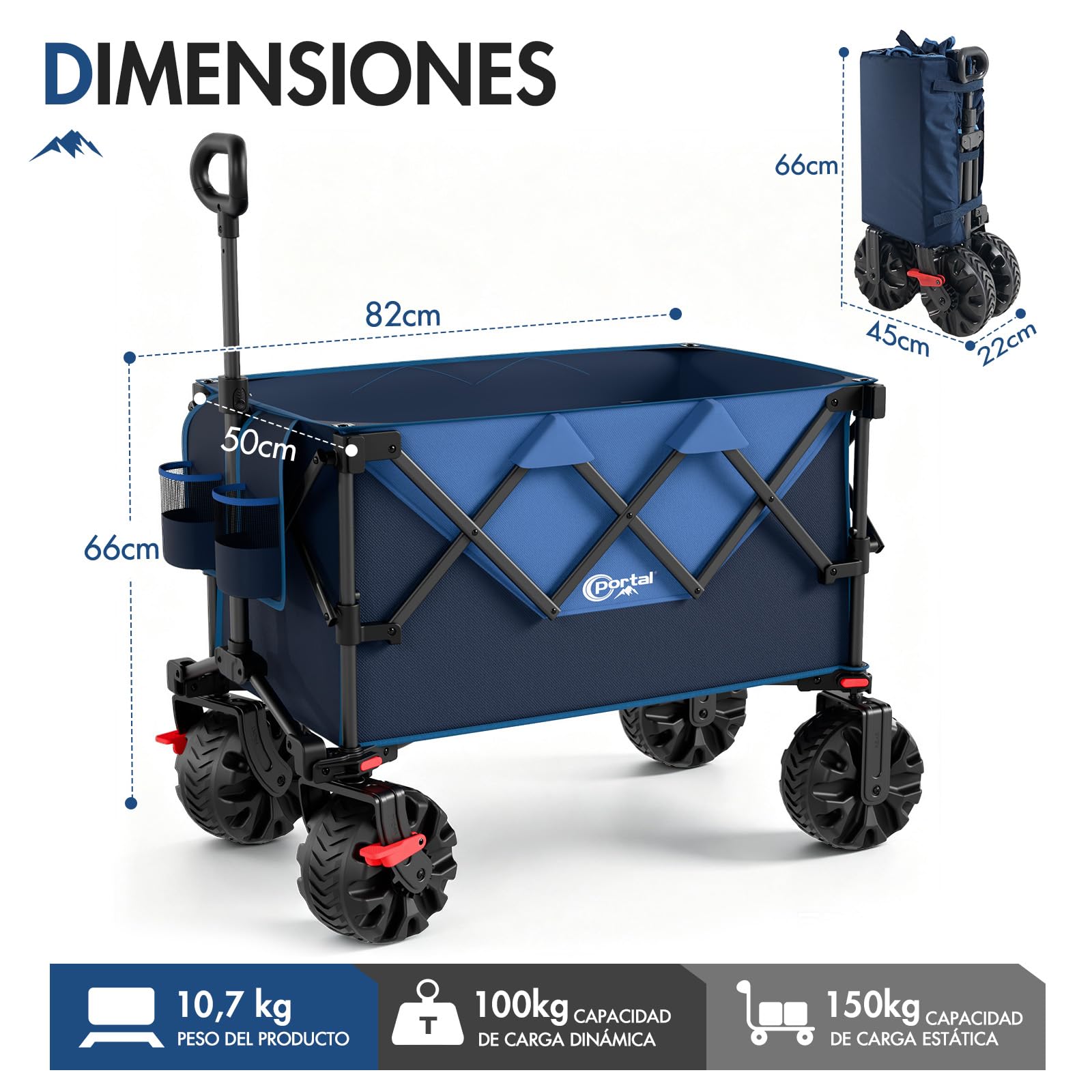 Portal Carro plegable de 250 l, 150 kg, con neumáticos | Carro de mano con soporte para bebidas, carro plegable para jardín, camping, festival