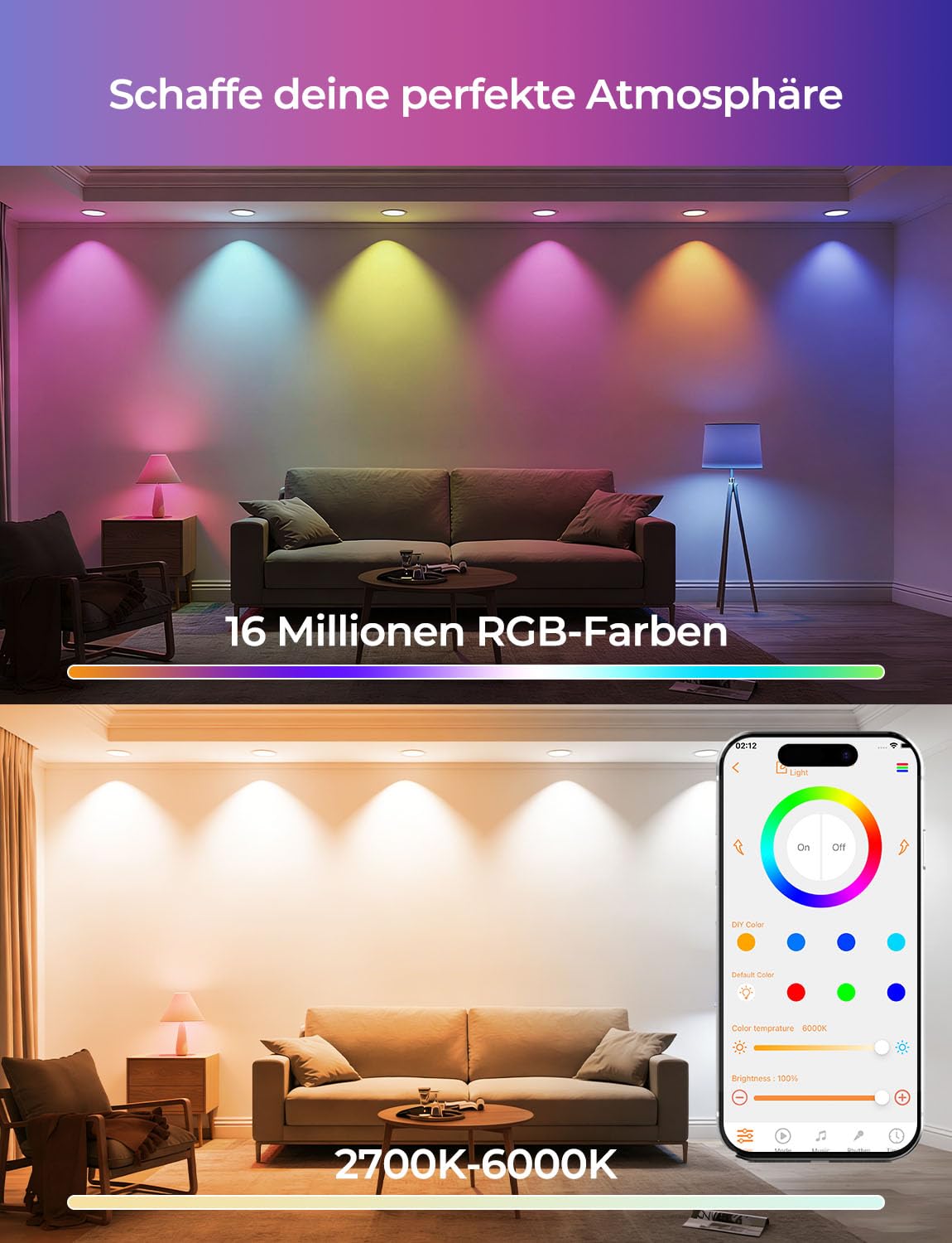 HEKEE Einbaustrahler LED RGB Bluetooth, Ф68-85mm RGBW LED Spots, Farbig LED Einbaustrahler 2700K-6000K IP44, Einbauspots mit Timer und APP-Steuerung（6 stück）