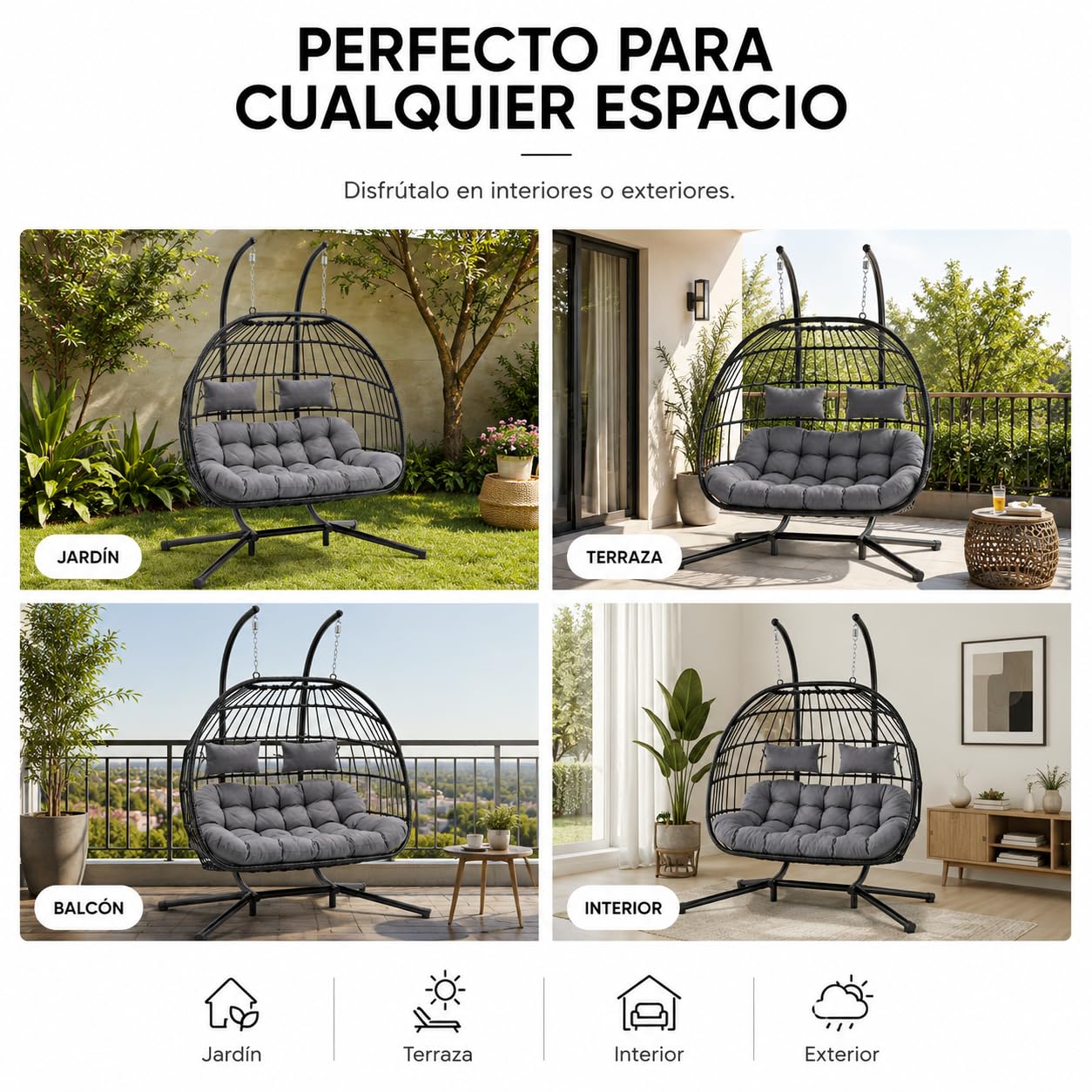 Silla Colgante Doble Huevo 2 Personas – Columpio de Ratán PE con Cojín de Alta Densidad, Doble Arco de Acero, Muelles de Alta Resistencia y Base Antideslizante para Terraza, Jardín, Balcón e Interior