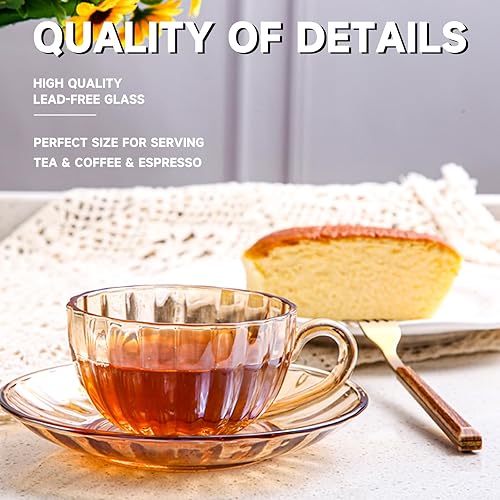 Miniatura 6 de Juego de 6 tazas de té y platillos de vidrio, tazas de café de vidrio con cuchara de acero inoxidable, tazas de té aptas para lavavajillas y