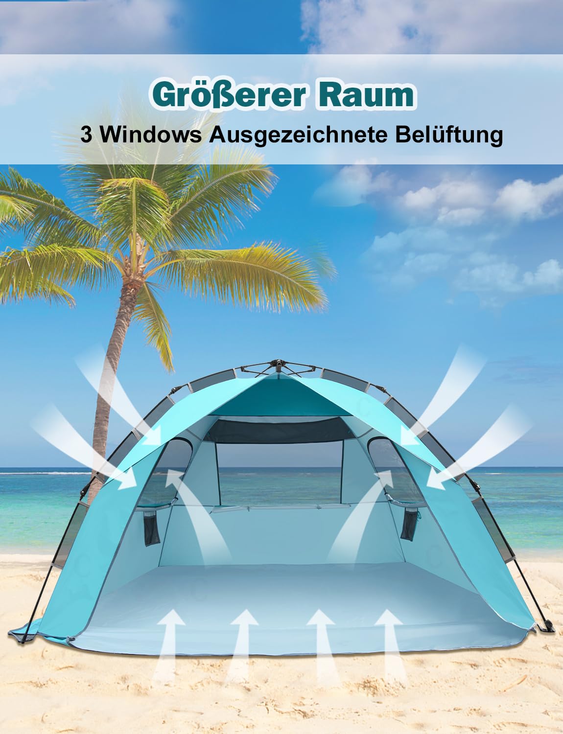 Glymnis Strandmuschel Quick Up Strandzelt Automatisches Zelt UV-Schutz 50+ Windschutz für 4-6 Personen Blau