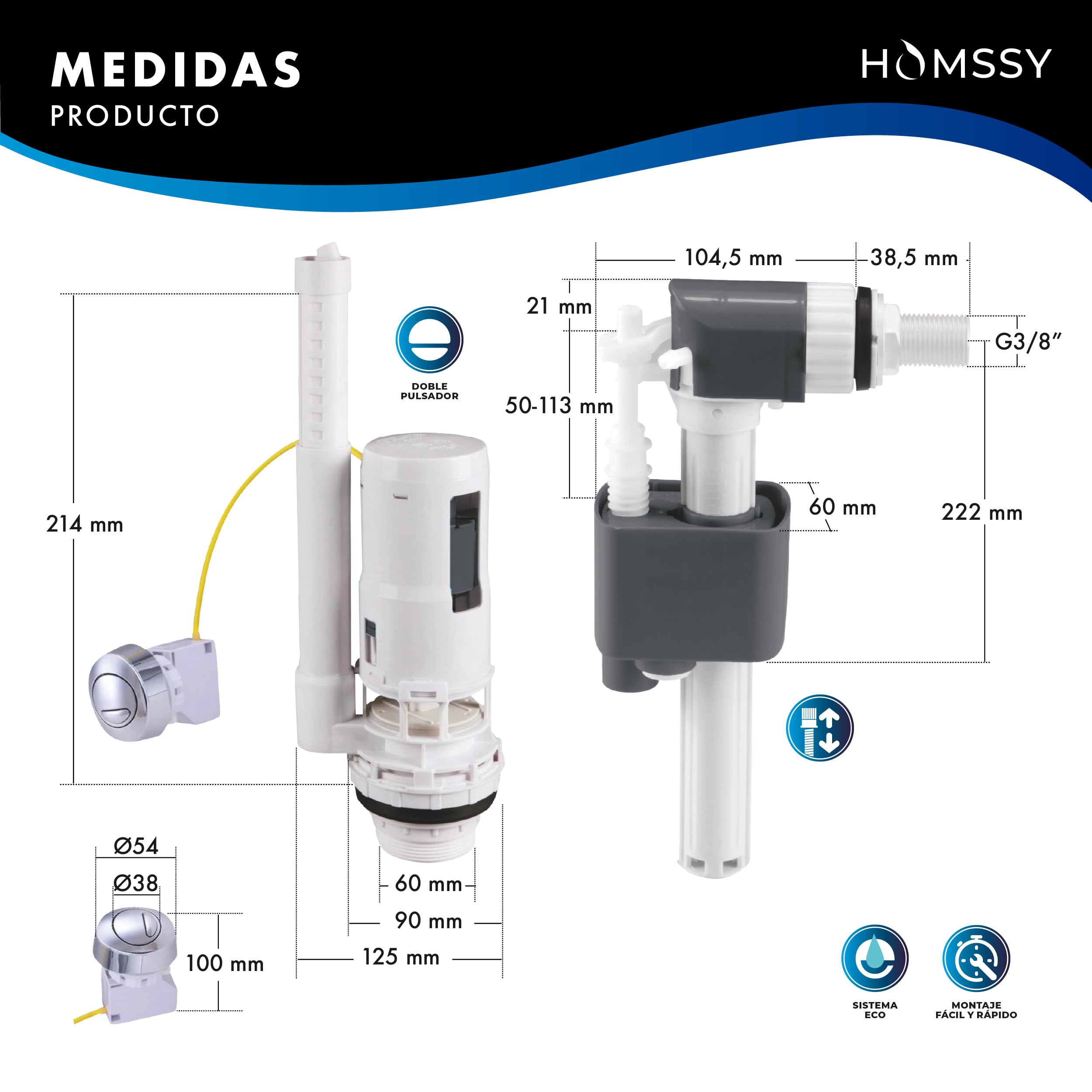 Kit Cisterna WC Completo – Mecanismo Descarga Doble Pulsador con Cable + Flotador Lateral 3/8", Válvula Llenado y Descarga Universal, Instalación Fácil, Ahorro de Agua
