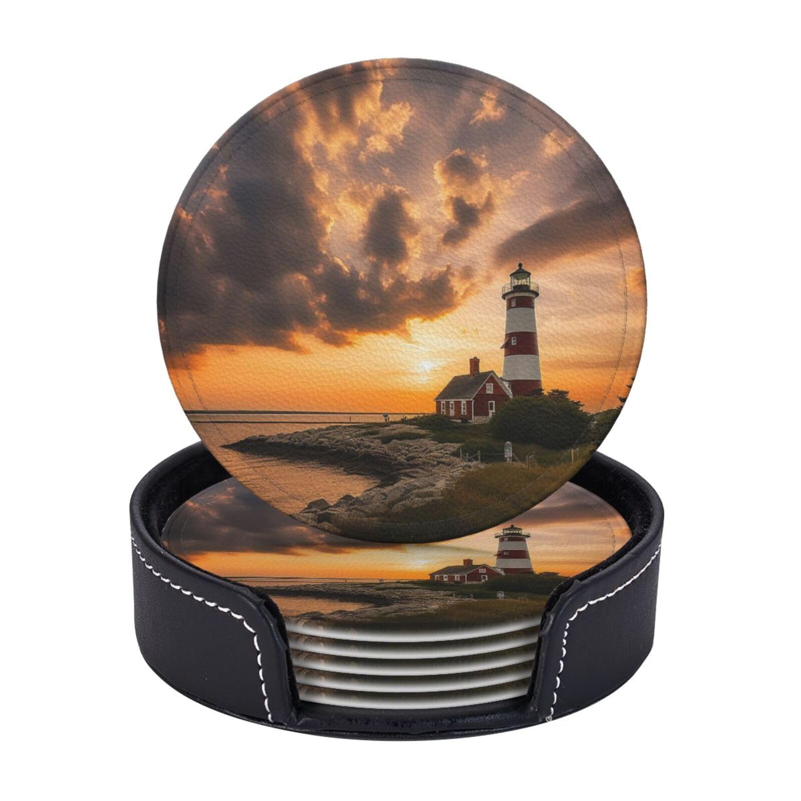 Drink Coasters 6Pcs Round Leather Coaster with Holder Lighthouse at Sunset Coasters for Drinks Coffee Cup Mat Heat Resistant Coaster for Tabletop Protection Desk Accessories Office Home Decor