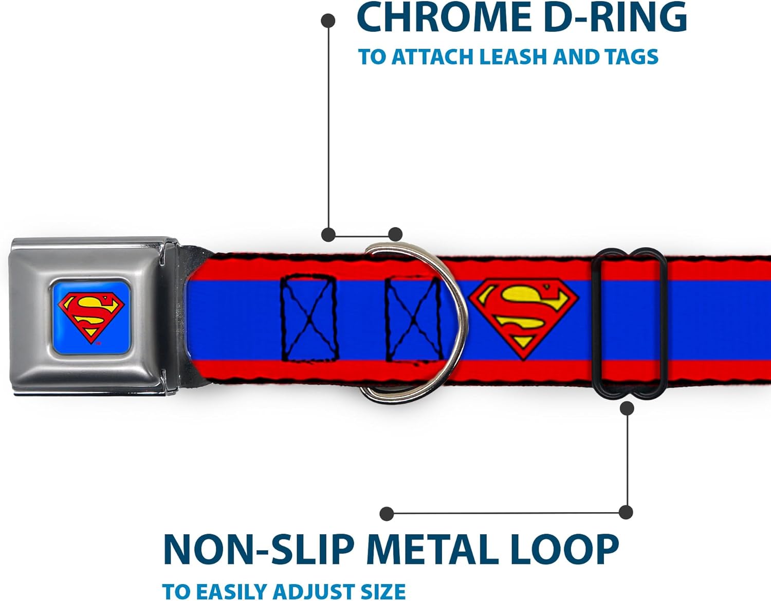 Buckle-Down Seatbelt Buckle Dog Collar - Superman Shield/Stripe Red/Blue - 1" Wide - Fits 15-26" Neck - Large