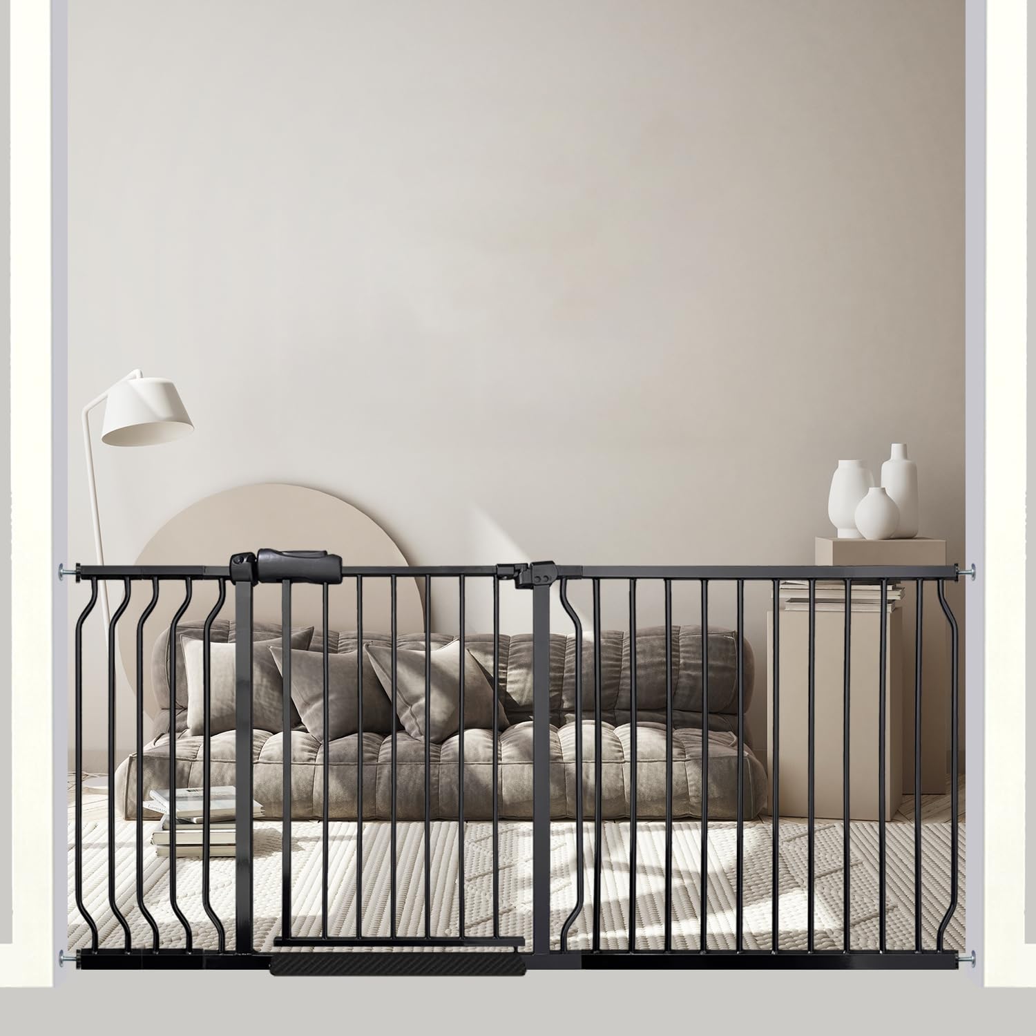 67-71.5 Inch Extra Wide Baby Gate, Pressure Mounted No Drill, Heavy-Duty Metal Safety Gate for Wide Stairs, Black with Extension Kit