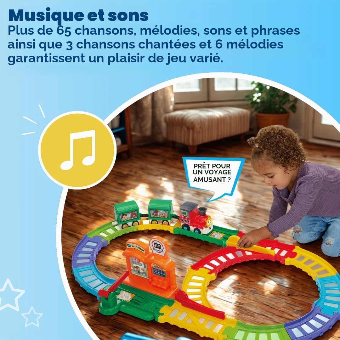 VTech TUT TUT Baby Flitzer Petite Gare – Kit de Jeu interactif avec Train, barrière, capteurs Doux et Magiques pour Les Tout-Petits – Musique, Sons et Plaisir d'apprentissage