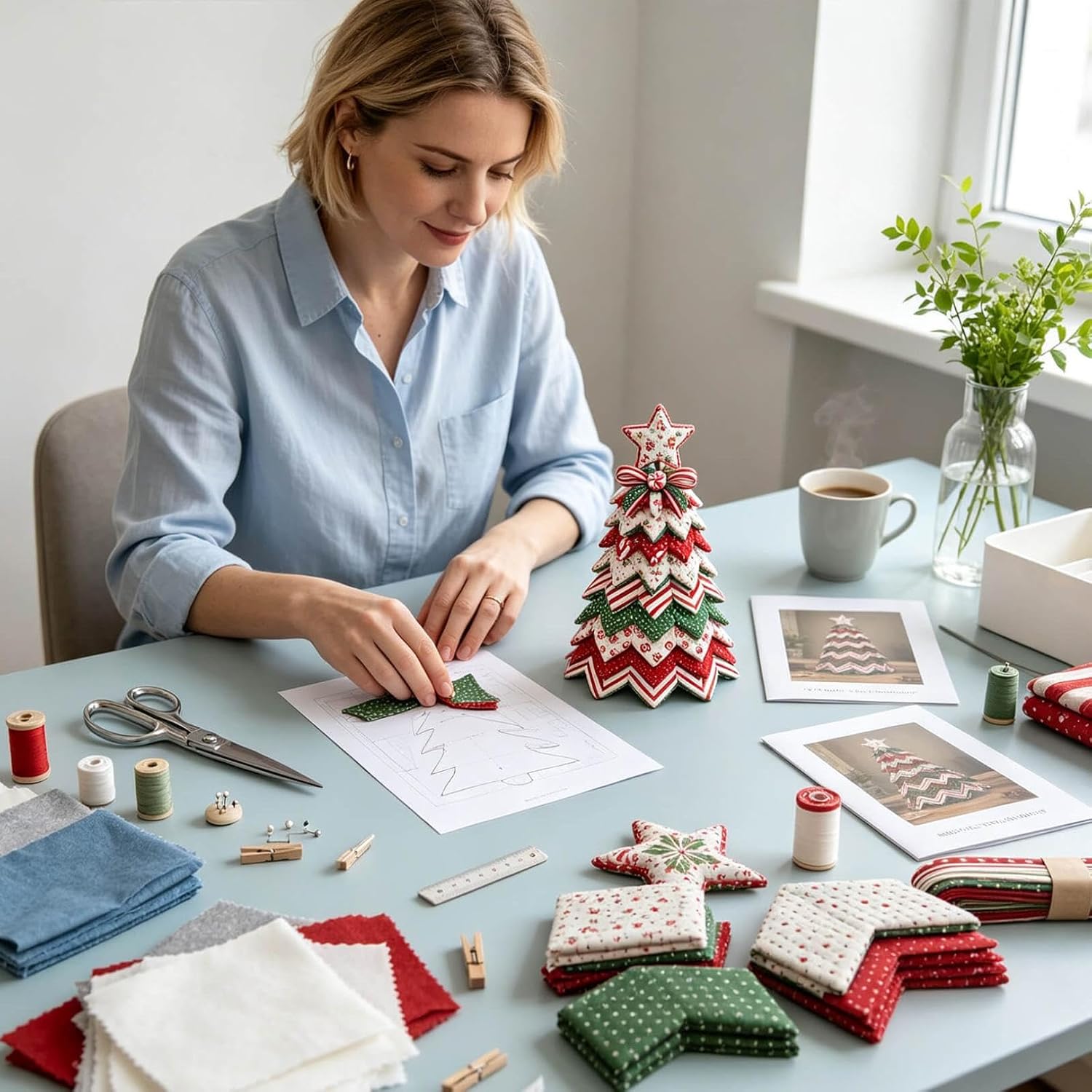 Vintage Christmas Tree Quilt Kit, DIY Fabric Patchwork Quilted Craft Kit, Layered 3D Sewing Set for Holiday Desktop Table Decor Christmas Decorations, Gifts for Quilting Lovers