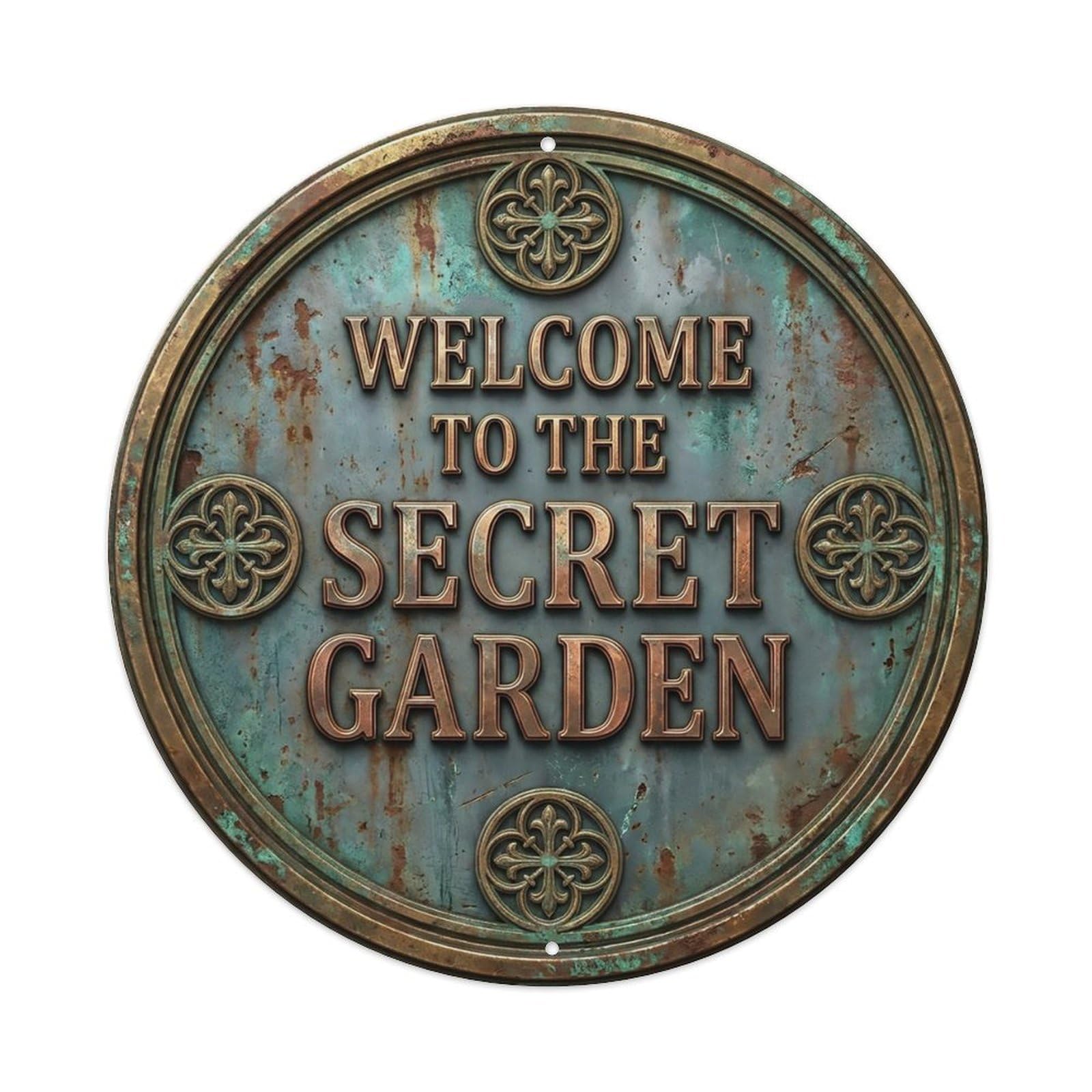Vintage Welcome Secret Garden Brass Greyblue Quatrefoil Metal Tin Sign