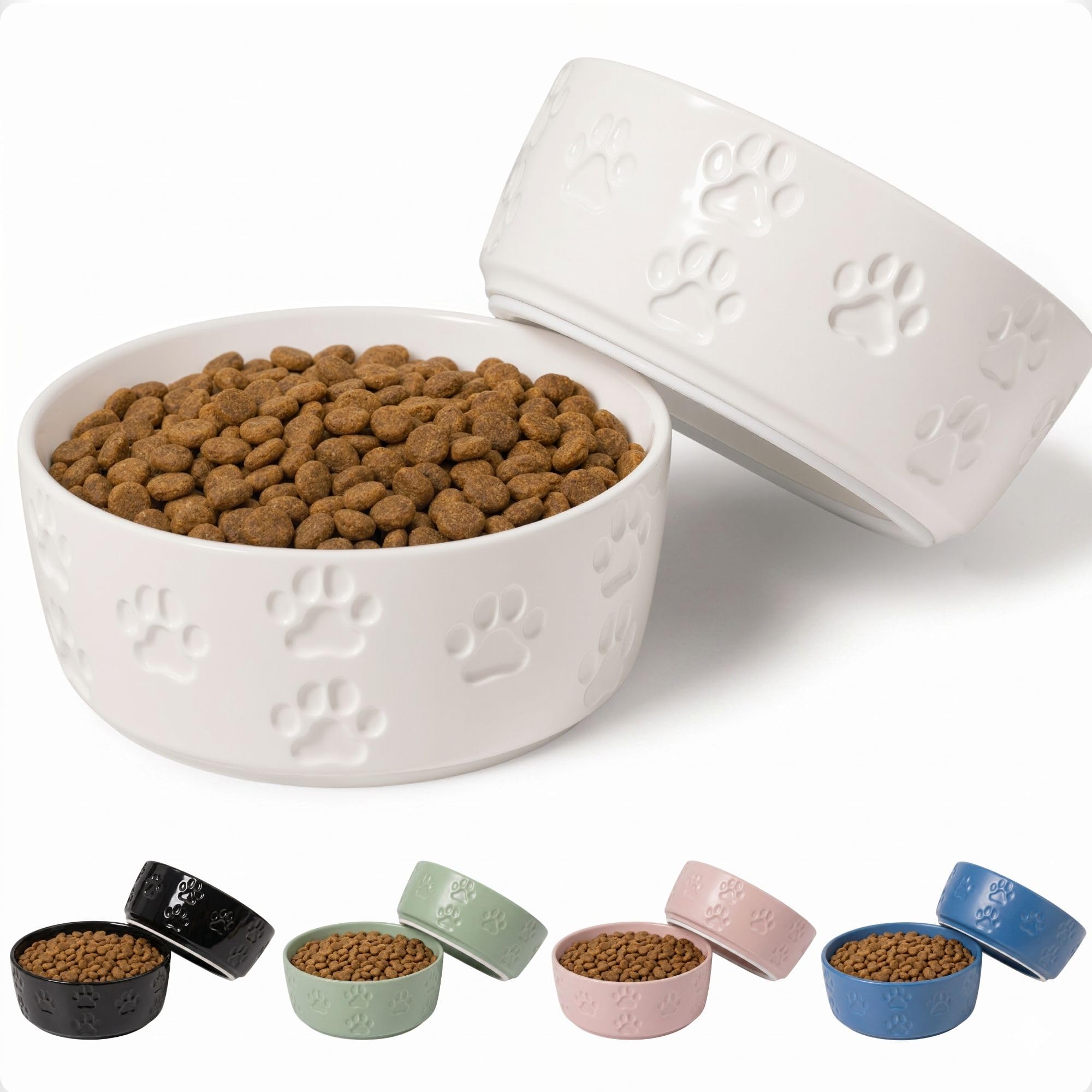 Ceramic Dog Bowl Set with Anti-Slip Rings - 5" Round x 2" Tall Set of 2 Ceramic Dog Bowls for Small Dogs - Small Dog Bowls - Dog Food and Water Bowl - White Dog Food Bowls - Dog Bowls Small Size Dog