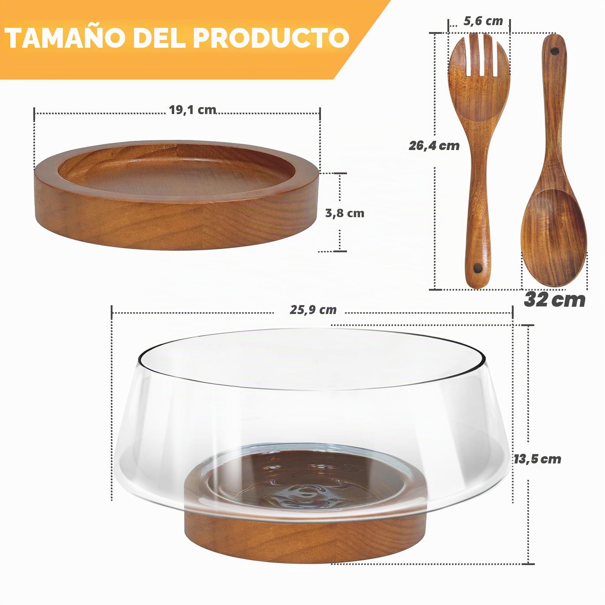 PROLEE Juego de cuencos de ensalada de vidrio, cuencos grandes de vidrio con base de madera maciza, cuencos elegantes para servir ensaladas para utensilios de cocina y fiestas (transparente)