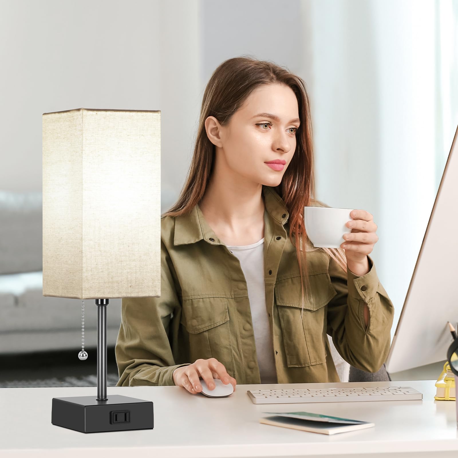 2 Stück 38,1 cm Tischlampen für Schlafzimmer, 3 Farben Nachttischlampen mit Zugkette, Tischlampen für Nachttische mit AC-Stecker, kleine Nachtlichter mit 2 Glühbirnen