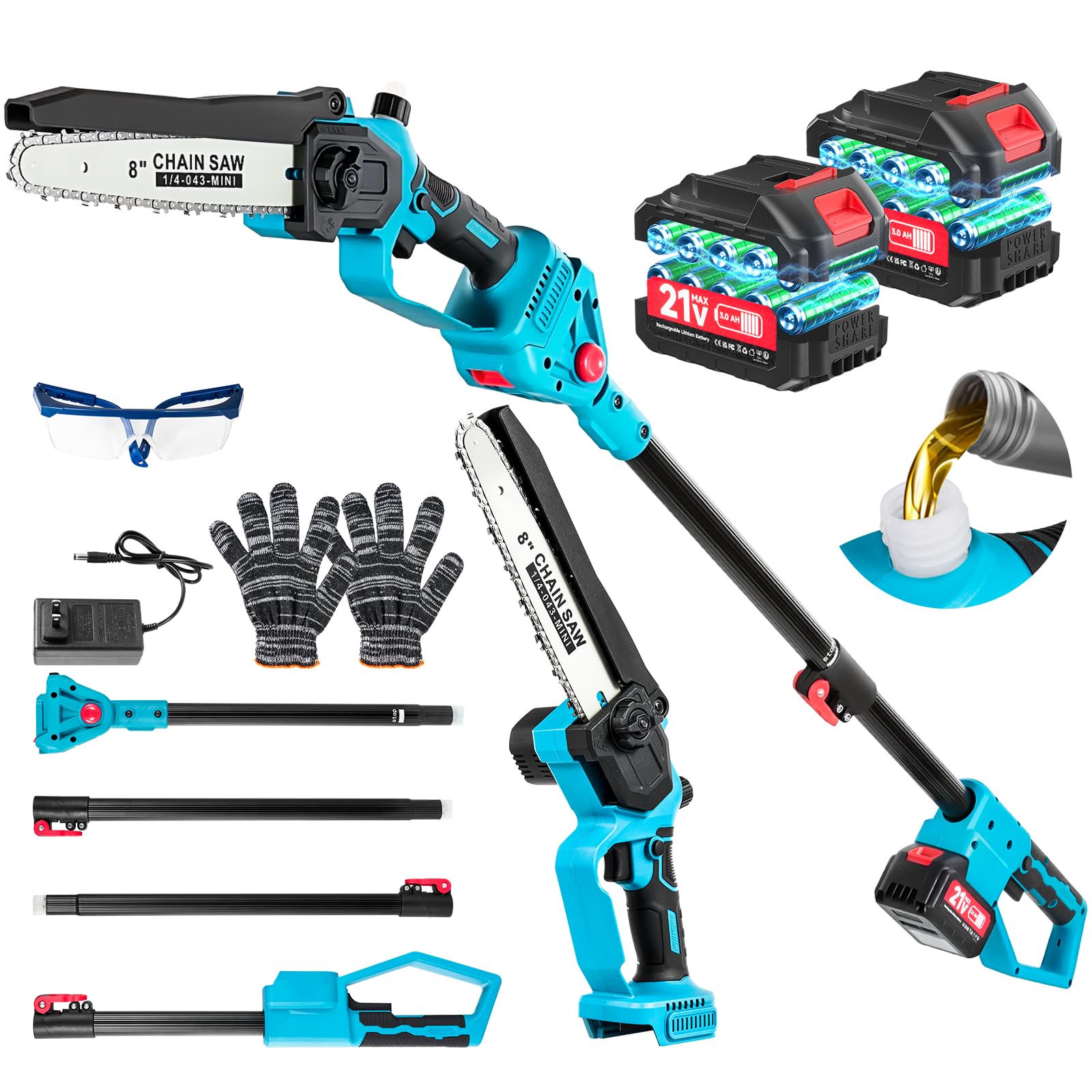 Mini motosierra 2 en 1 con batería y 8 pulgadas sin escobillas, con barra telescópica, sierra de podar con batería de 2 x 4,0 Ah, sierra de podar telescópica de 1,4 a 2,4 m, motosierra eléctrica para
