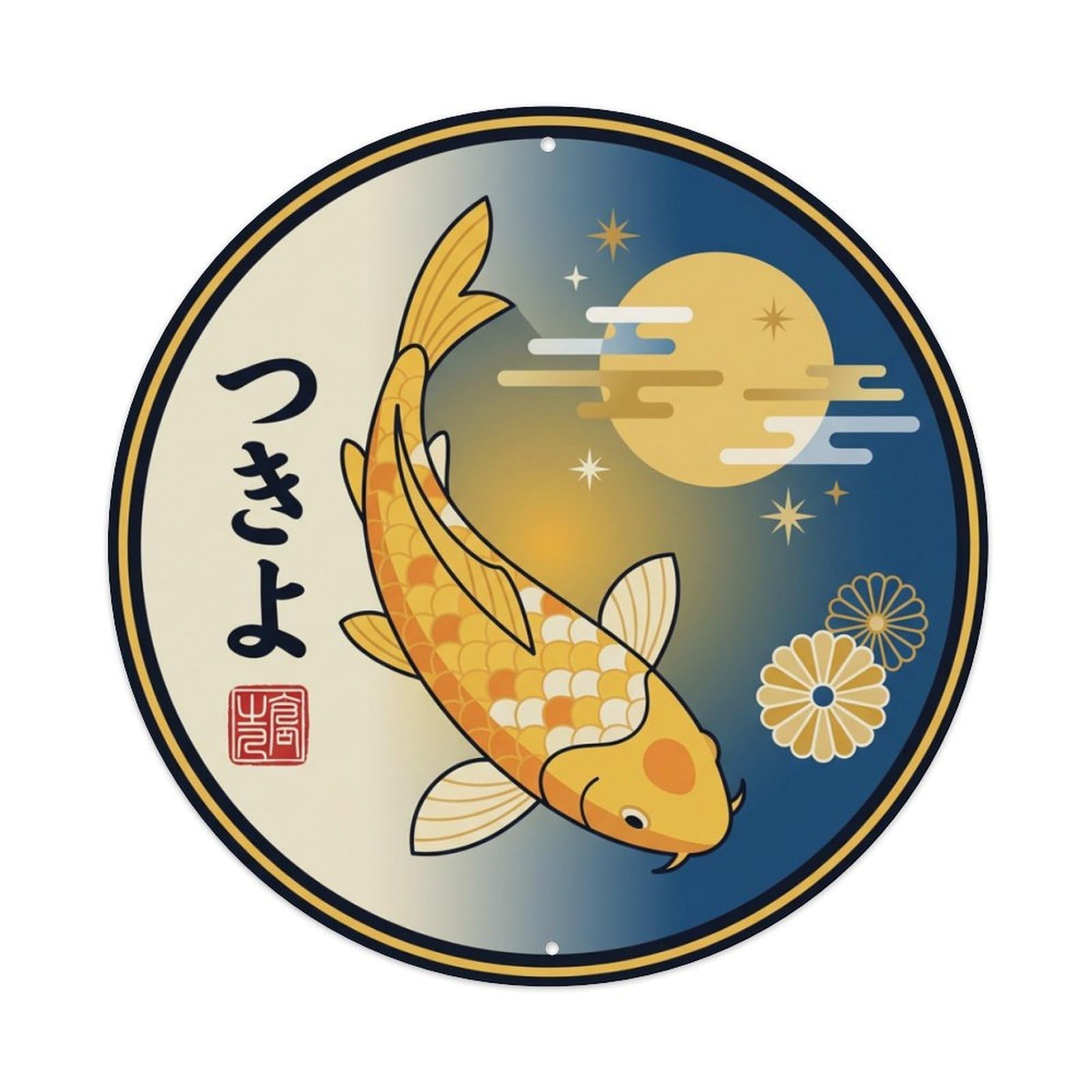 Moonlit Golden Koi Fish Ukiyo-e Metal Tin Sign