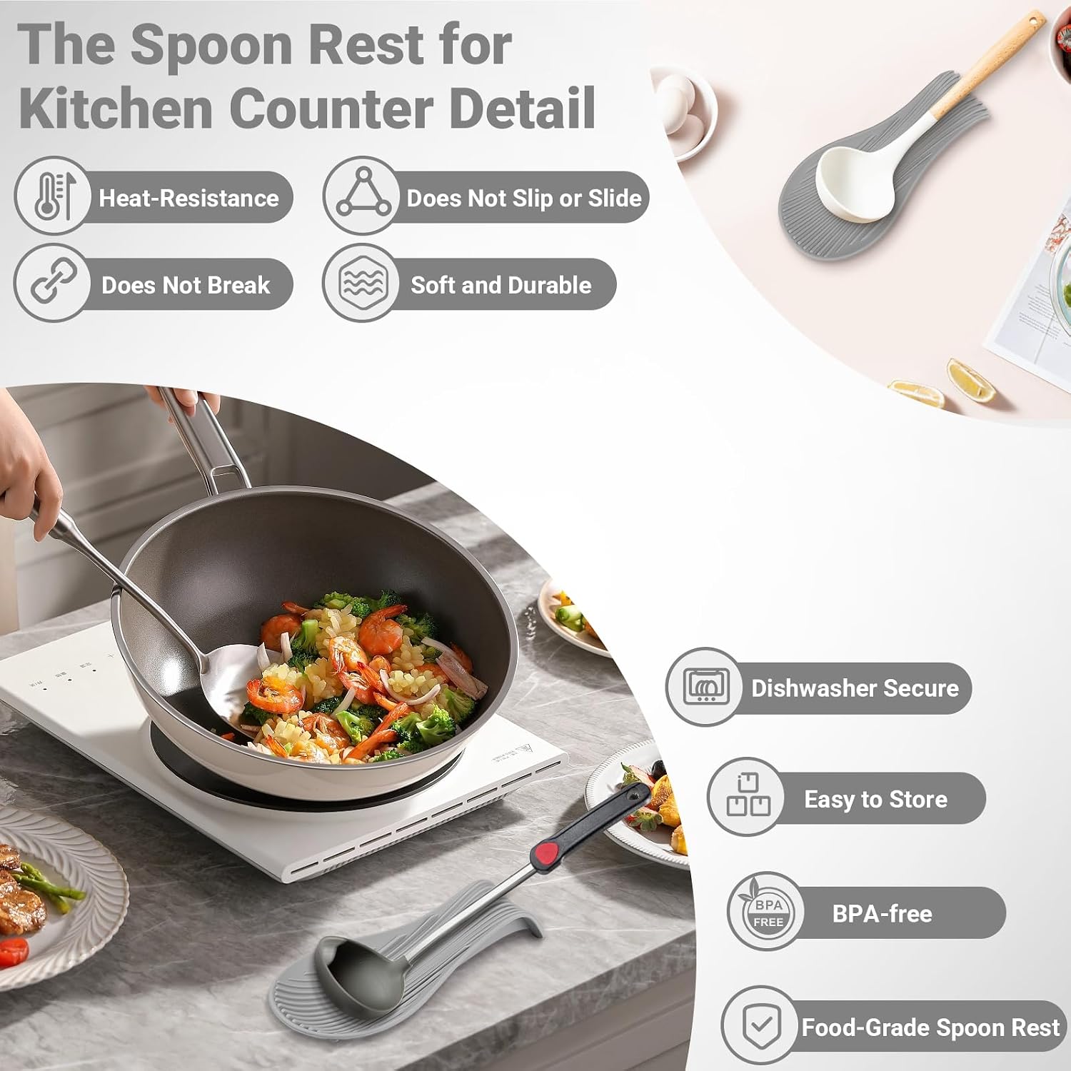 Jalopink Heat Resistant Silicone Spoon Rest, Non-Slip Spoon Holder for Kitchen Counter, Silicone Spoon Rest for Stove Top for Spoons, Spatulas, Ladles, Tongs (Dark Gray)