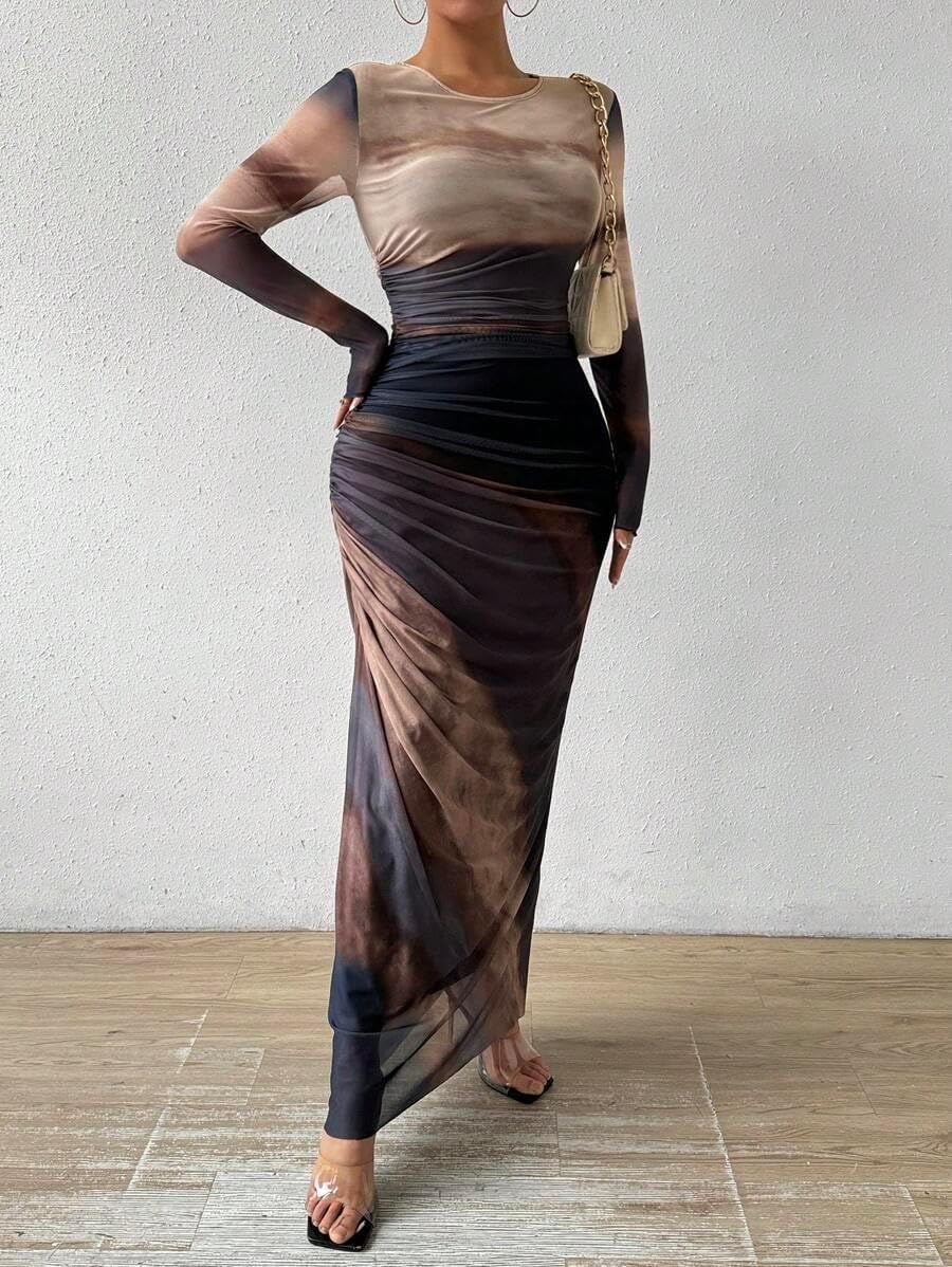 LIGHT DOT Women's Printed Bodycon Maxi Dress Long Sleeve Tie Dye Mesh Ruched Cocktail Dress - Image 5