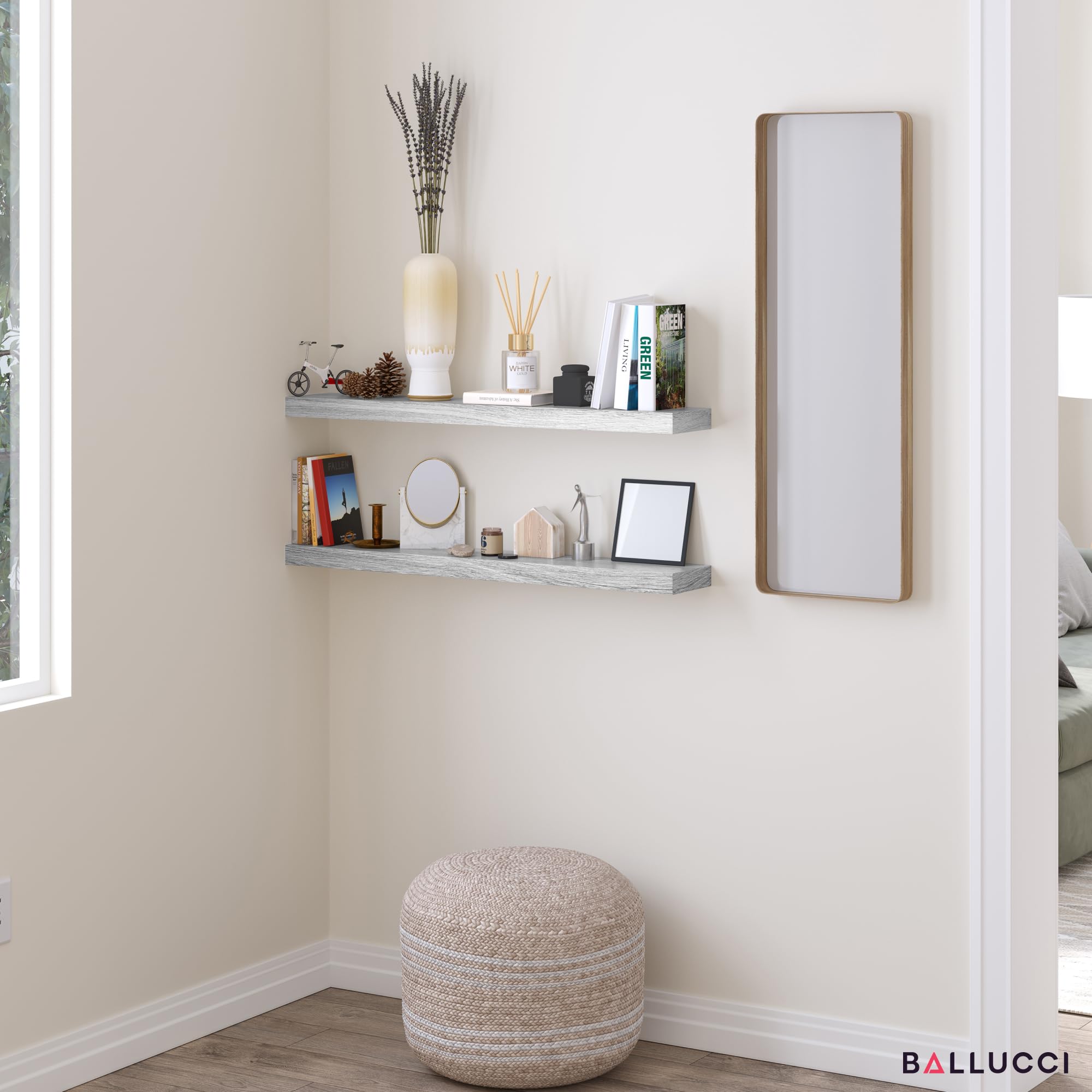 Ballucci Floating Shelves, 36" Wood Wall Shelf Set of 2, with Invisible Brackets for Bathroom, Living Room, Bedroom, Kitchen, Nursery, 6" Deep, Rustic Gray