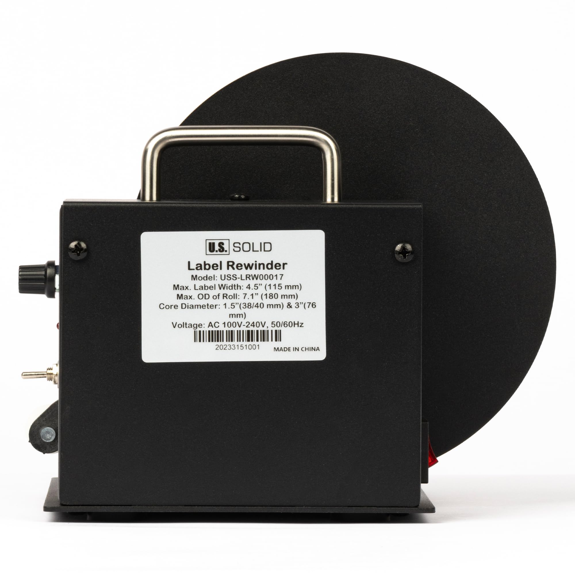 U.S. Solid Avvolgitore automatico per etichette, supporto nucleo 1.5"/3" (38/76mm), larghezza 105 mm, diametro rotolo 180 mm, riavvolgimento bidirezionale