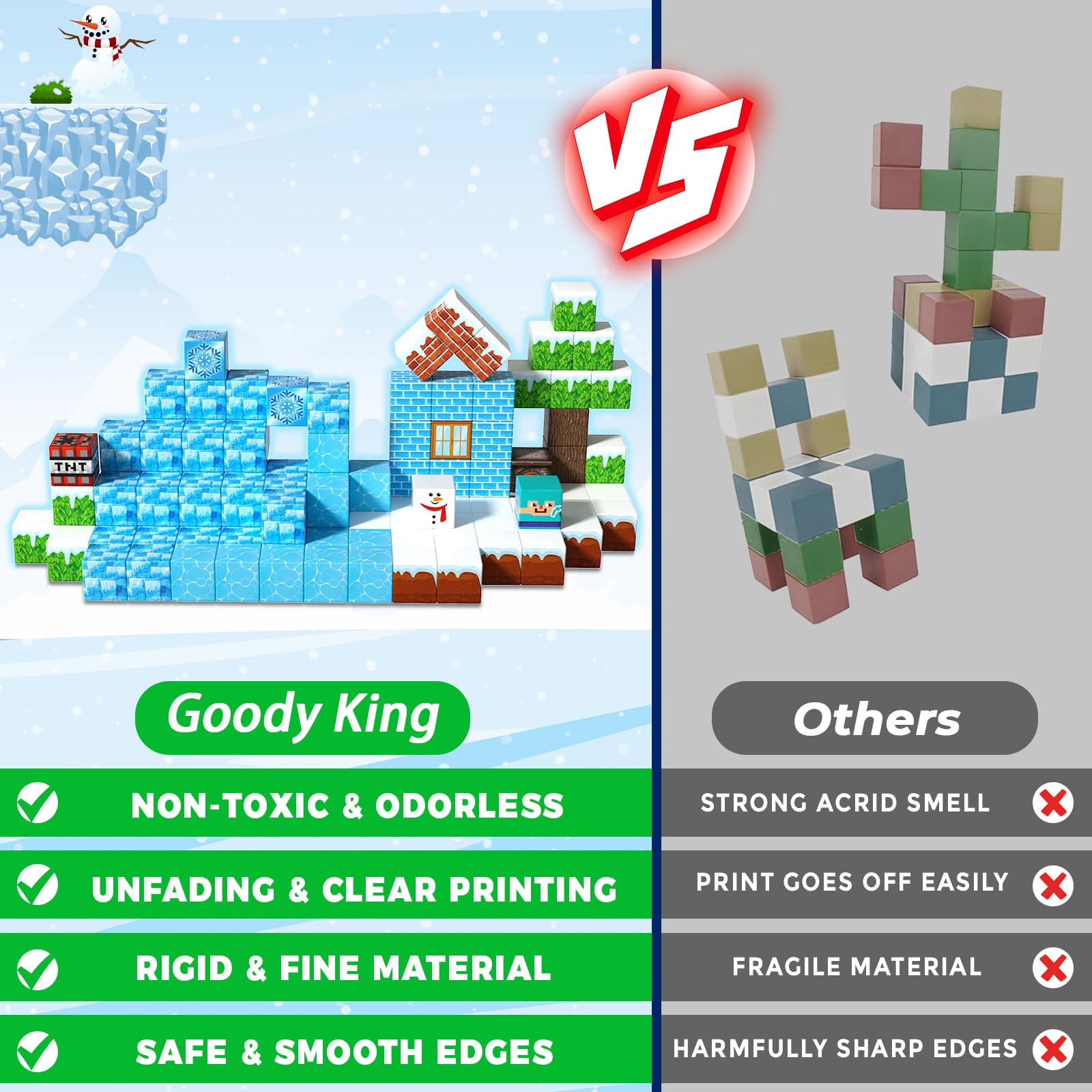 Goody King - Set di blocchi da costruzione magnetici per bambini, 100 pezzi, cubi magnetici, a tema mondo di neve, giocattoli Montessori per bambini dai 4 anni in su, giocattoli sensoriali STEM