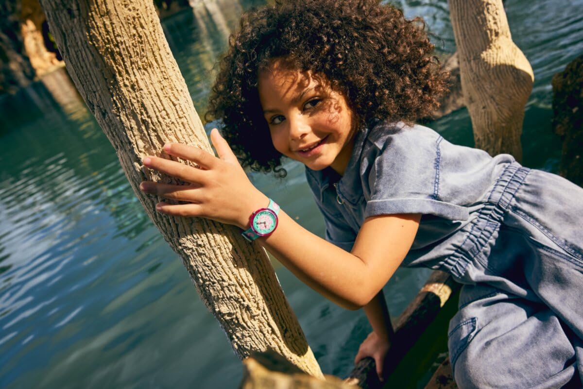 Flik Flak Mädchen-Armbanduhr für Kinder, lässig, grün, Bioquelle, Quarz, wasserdicht, sprudelndes Seepferdchen