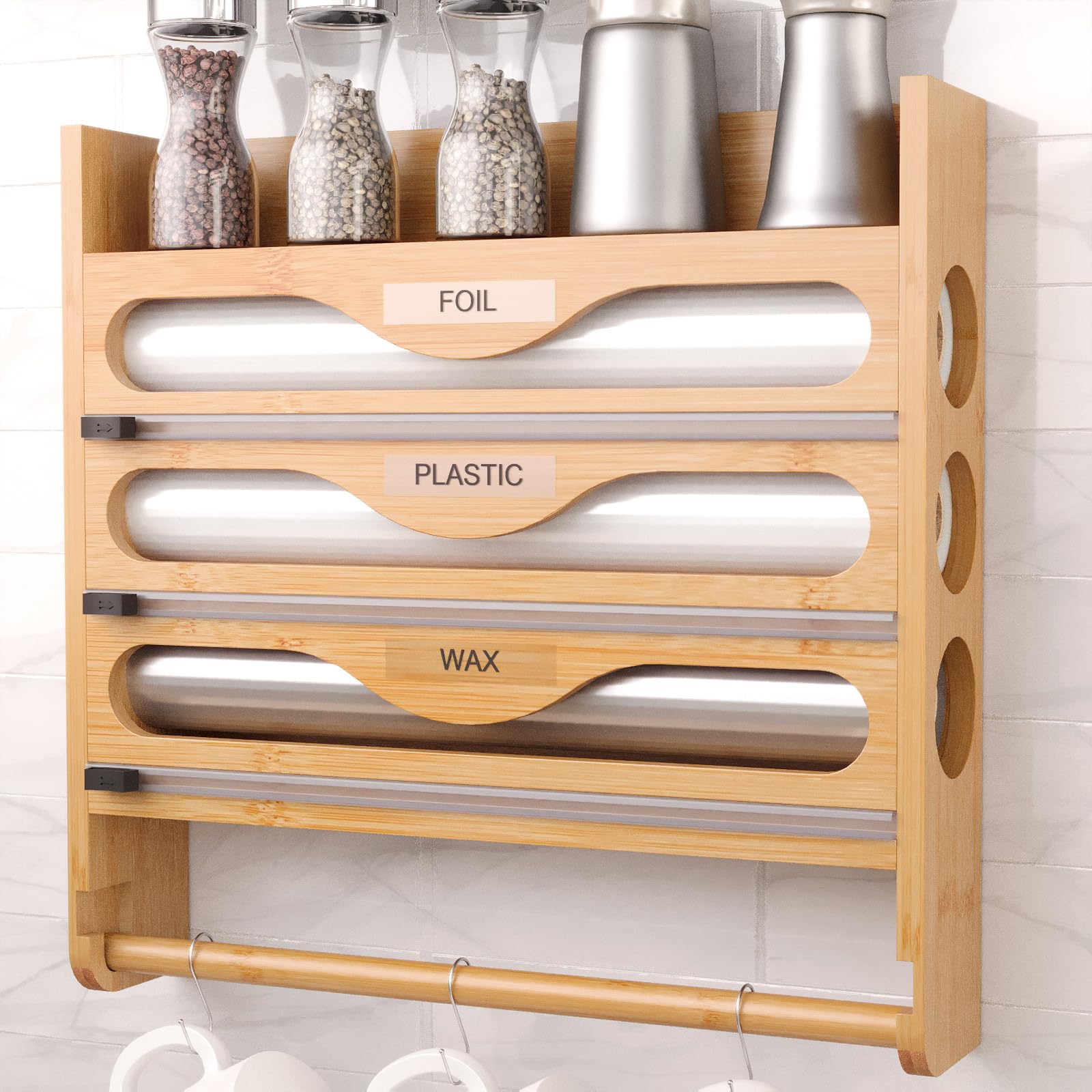 Distributeur de Film Alimentaire 4 en 1 avec Support pour Essuie-Tout Organiseur Mural pour Papier Aluminium,Film Plastique et Papier Ciré,Rangement Polyvalent avec Rouleau-Holz