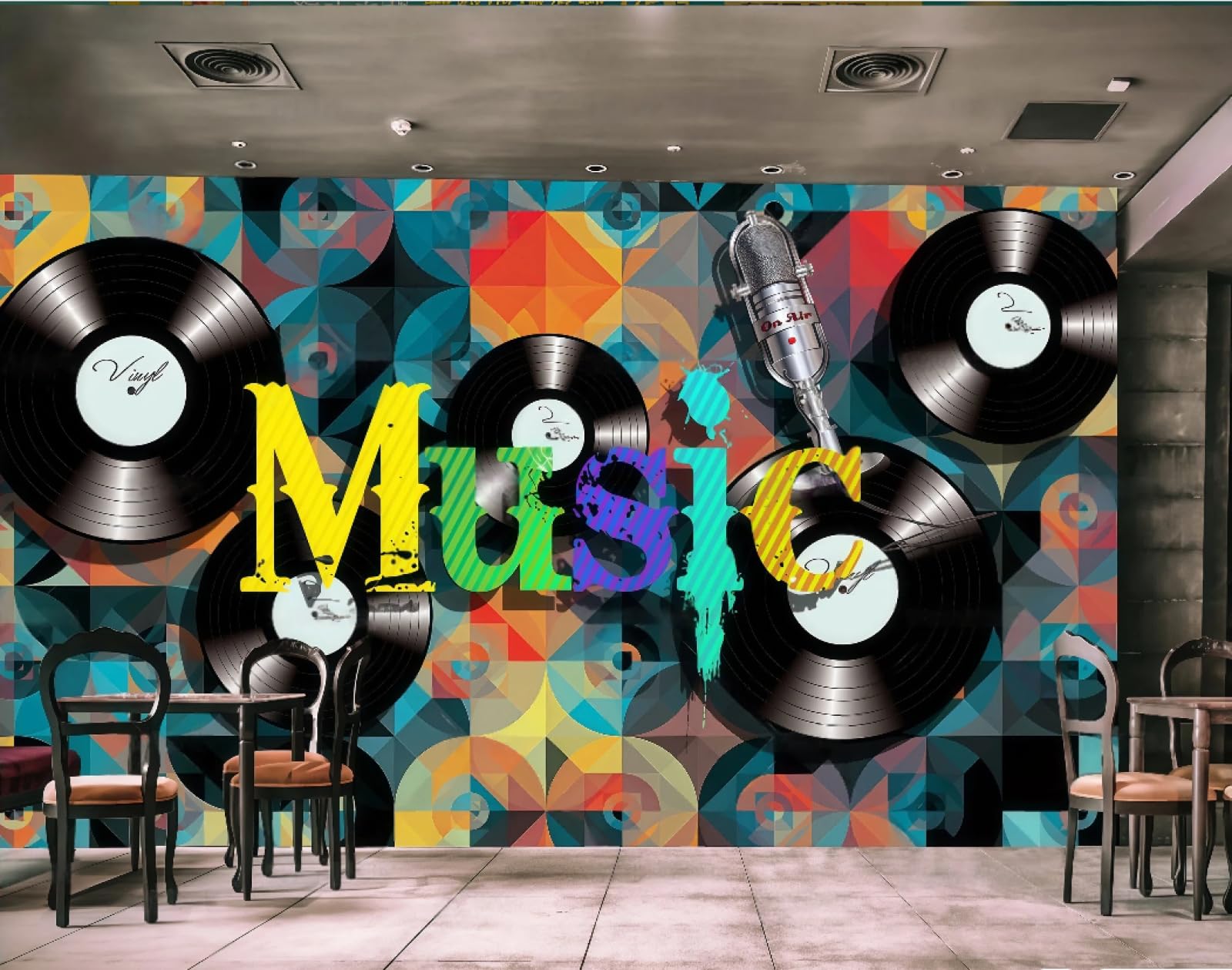 XDOUBAO Wallpaper Fashion Personality Music Graffiti Art Dessert Shop Afternoon Tea Western Restaurant Background Wall Wallpaper Coffee Shop Mural,3D,300x210cm