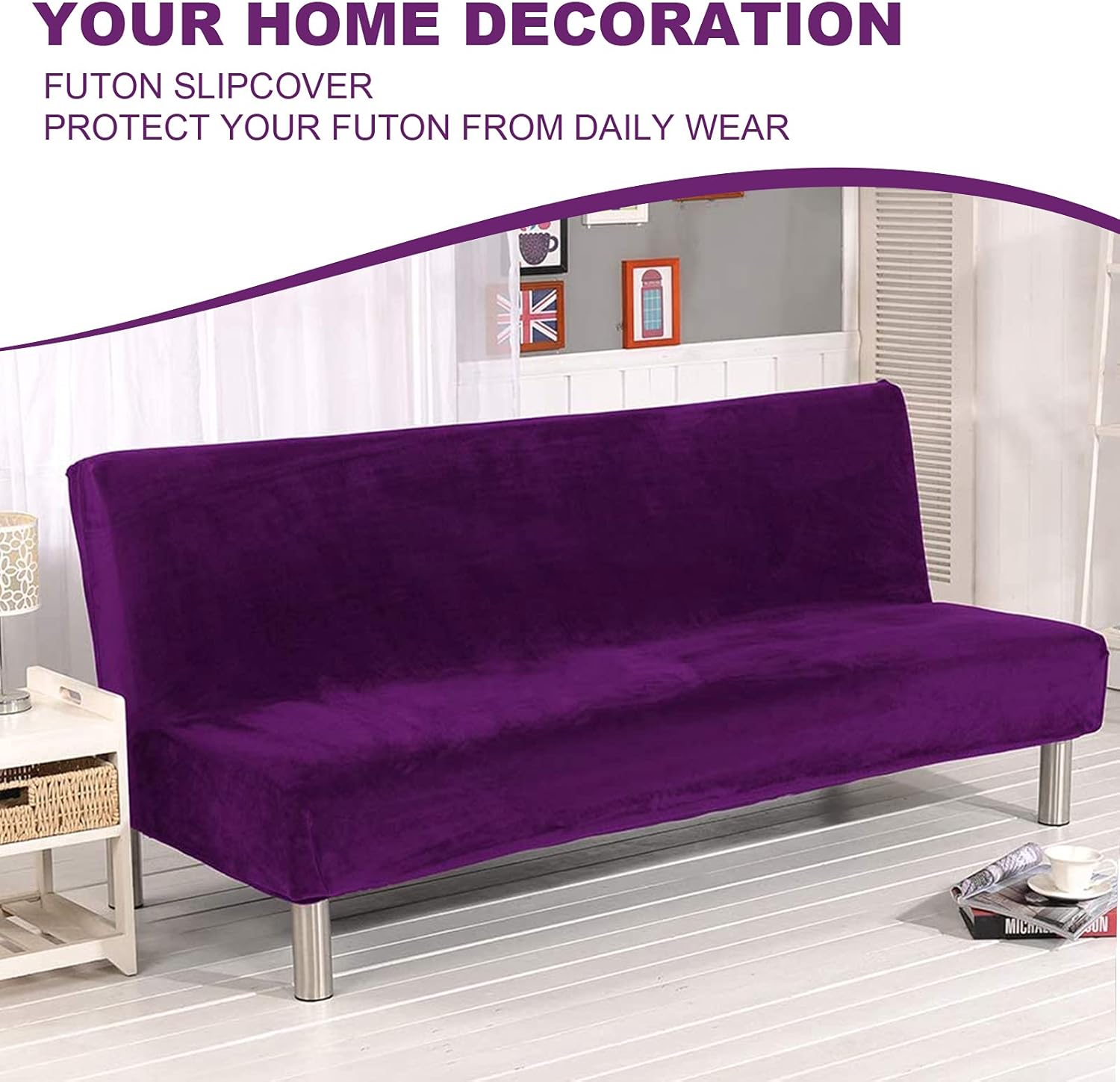 ele ELEOPTION Velvet Sofa Cover Armless Sofa Slipcover Stretch Velvet Sofa Bed Cover Protector Elastic Spandex Modern Simple Folding Couch Futon Cover