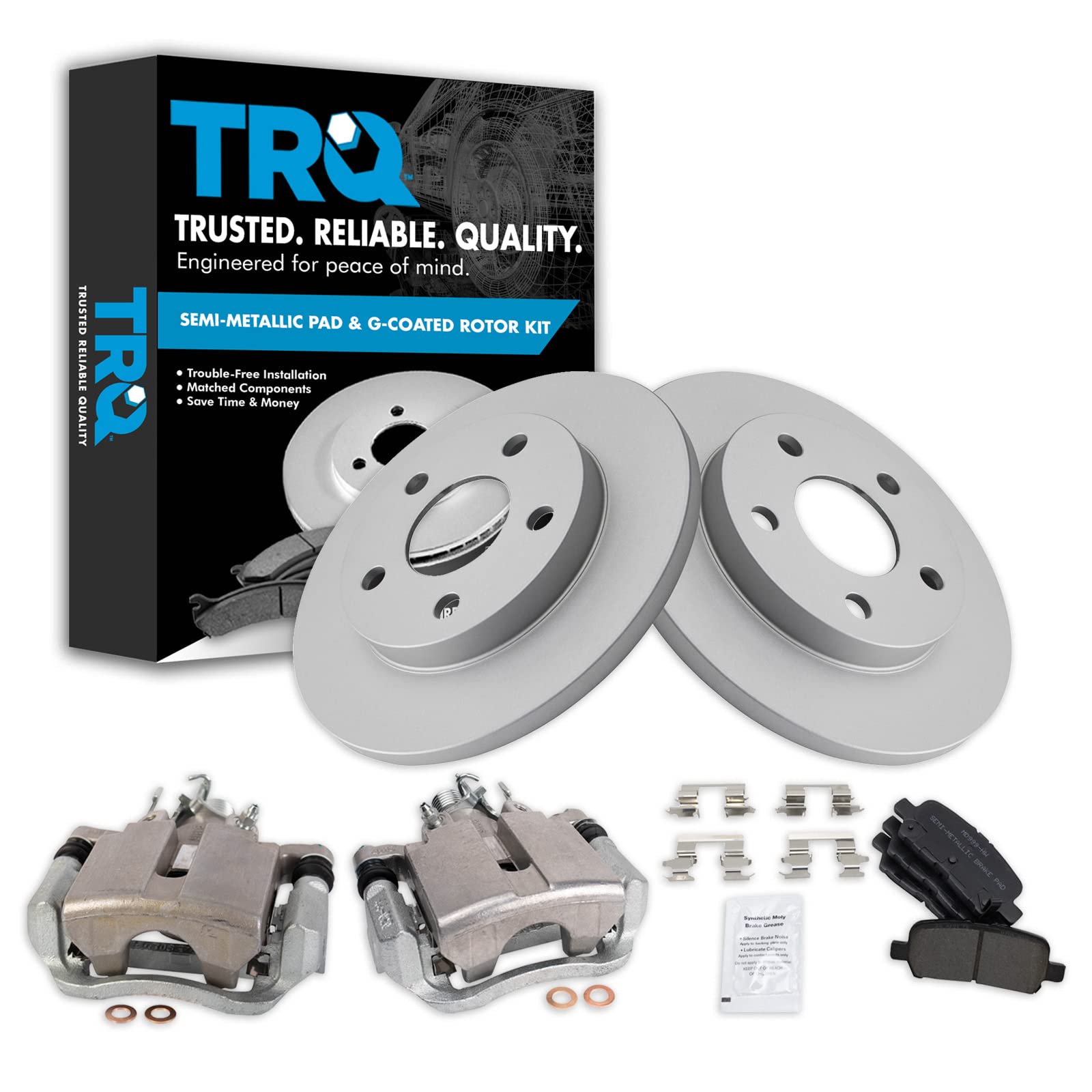 TRQ Rear Brake Pad and Rotor Set Semi Metallic Solid Coated Rotors Calipers Compatible with 2004 Pontiac Grand Prix