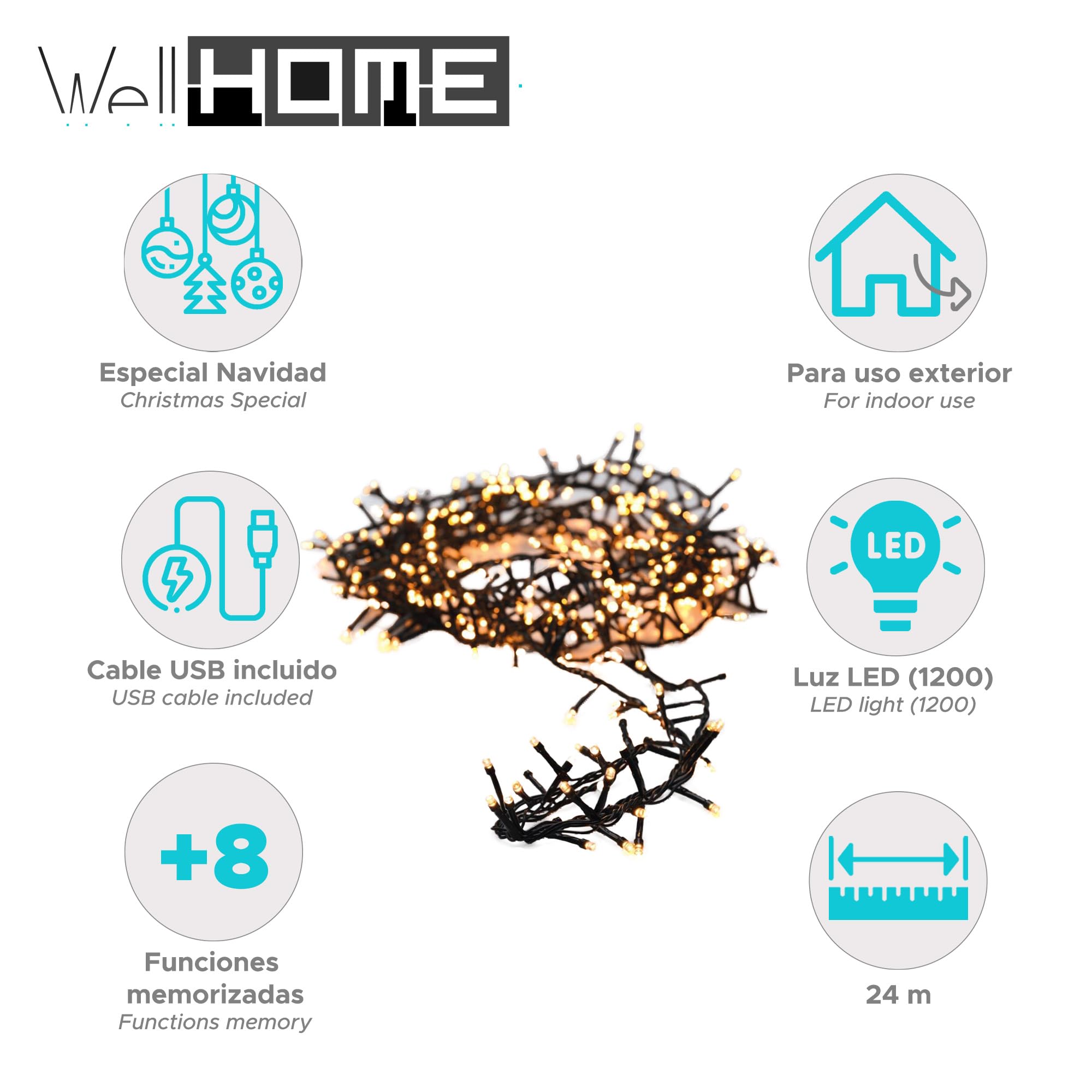 Well Home Guirlande de 1 200 lumières LED Blanc Extra Chaud avec contrôleur 8 Fonctions 24 m