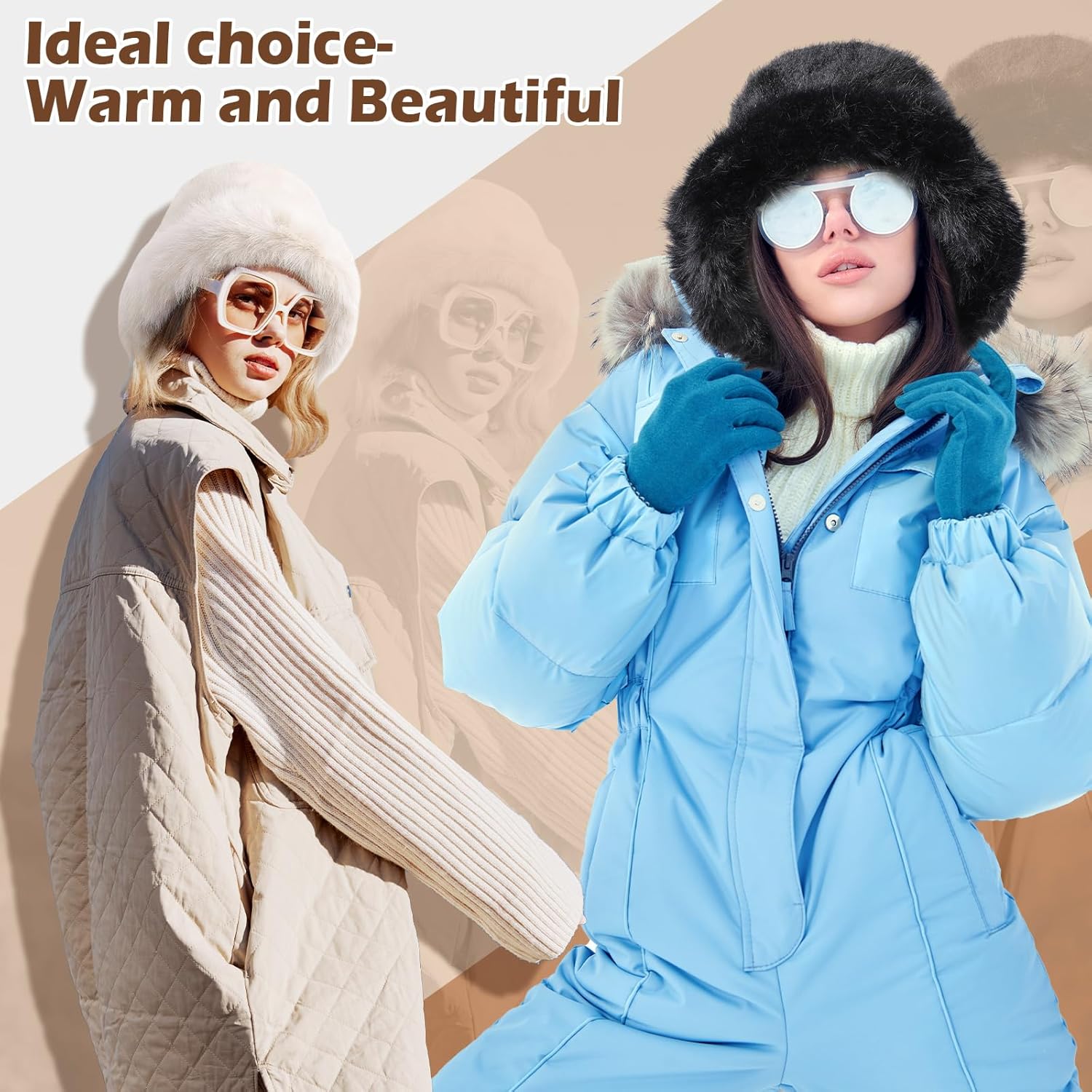 JenPen 2 Pcs Winter Furry Bucket Hat for Women Fluffy Faux Fur Bucket Hat Warmer Fisherman Cap Ladies Fluffy Snow Cap for Casual Trips Sports Skiing, Black and Beige-White - Image 3