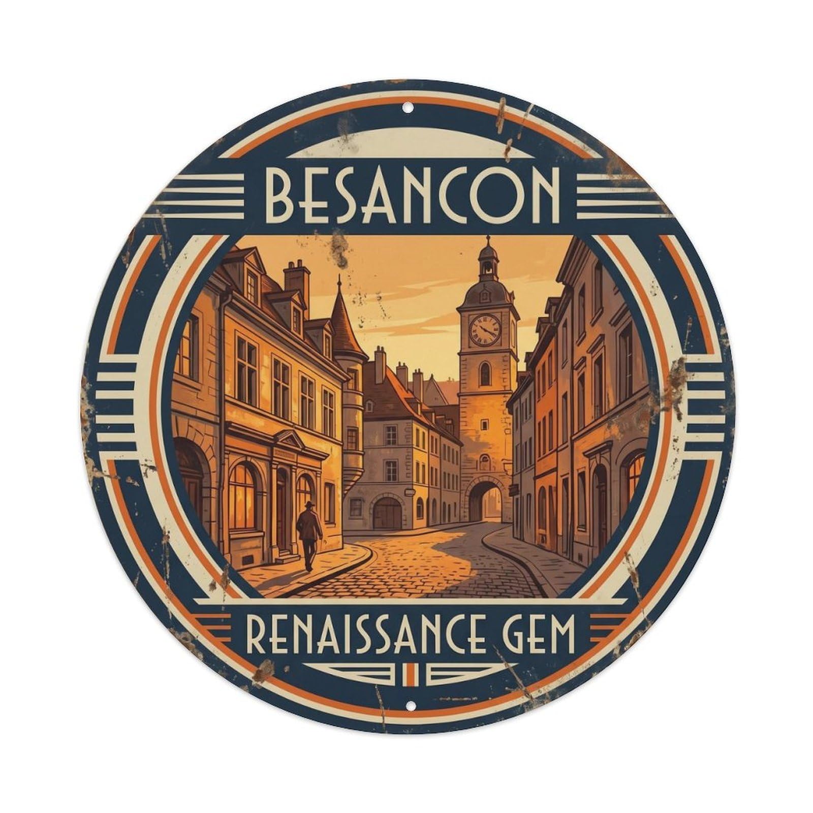 Besancon France Historic Cartography Vintage Travel Cityscape Metal Tin Sign Plaque Wall Decor for Cafe, Man Cave, Club Bar, Office, Home Garden Round Metal Poster 8x8Inch