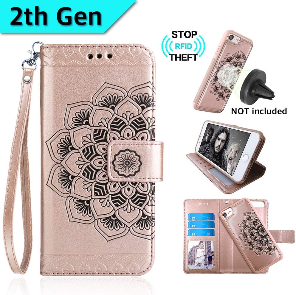 CASEOWL Mandala Embossed Upgrade Version Wallet Case for iPhone 8-Plus&7-Plus,Magnetic Detachable TPU Case,RFID Protection,2-Way Stands,Fit Car Mount,Card Slots Holder,Wrist Strap[Rose Gold][2th Gen]