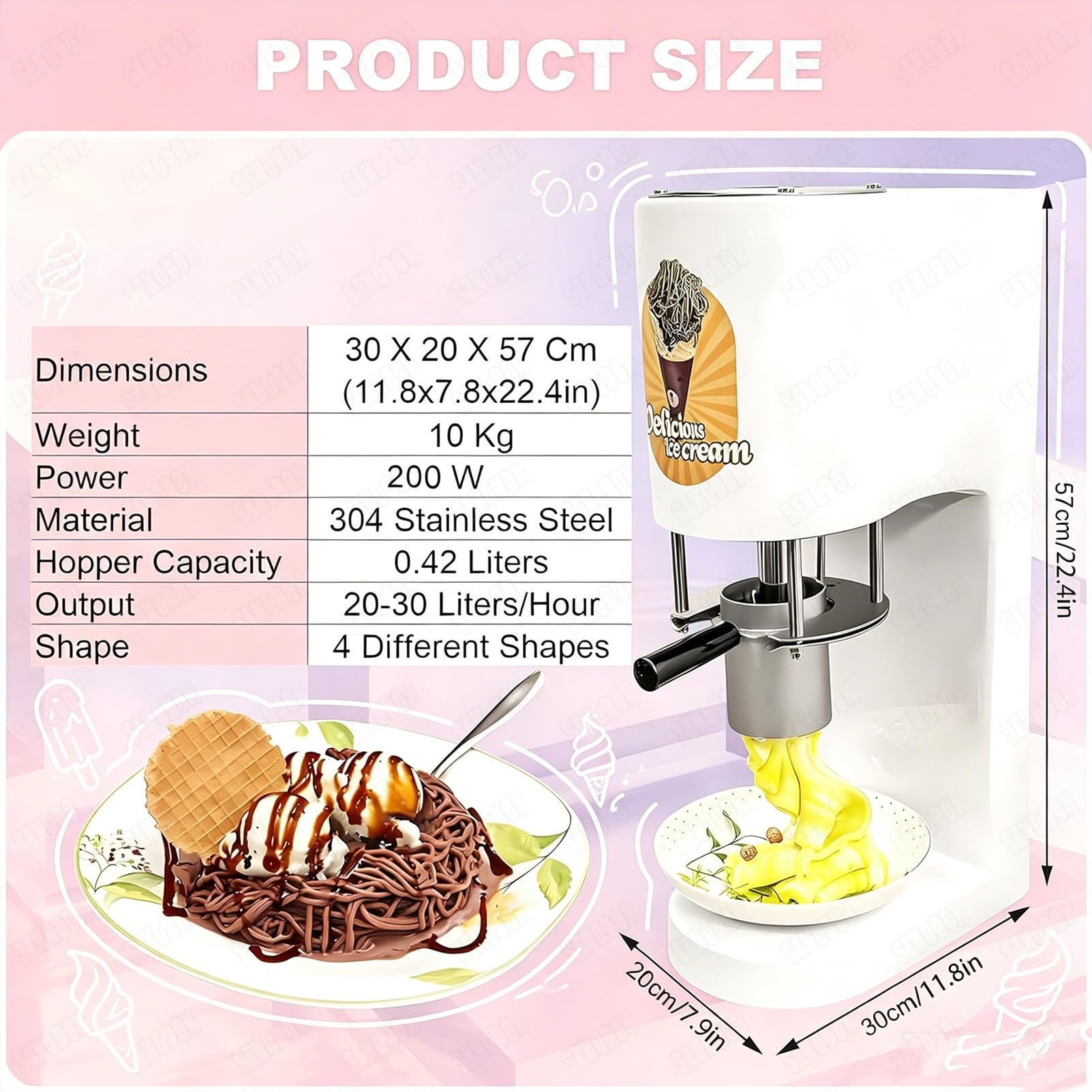 Máquina de helado en espagueti 80W, 4 moldes de acero inoxidable intercambiables, 30L/H, un solo toque, compacta para heladerías, parques y uso doméstico